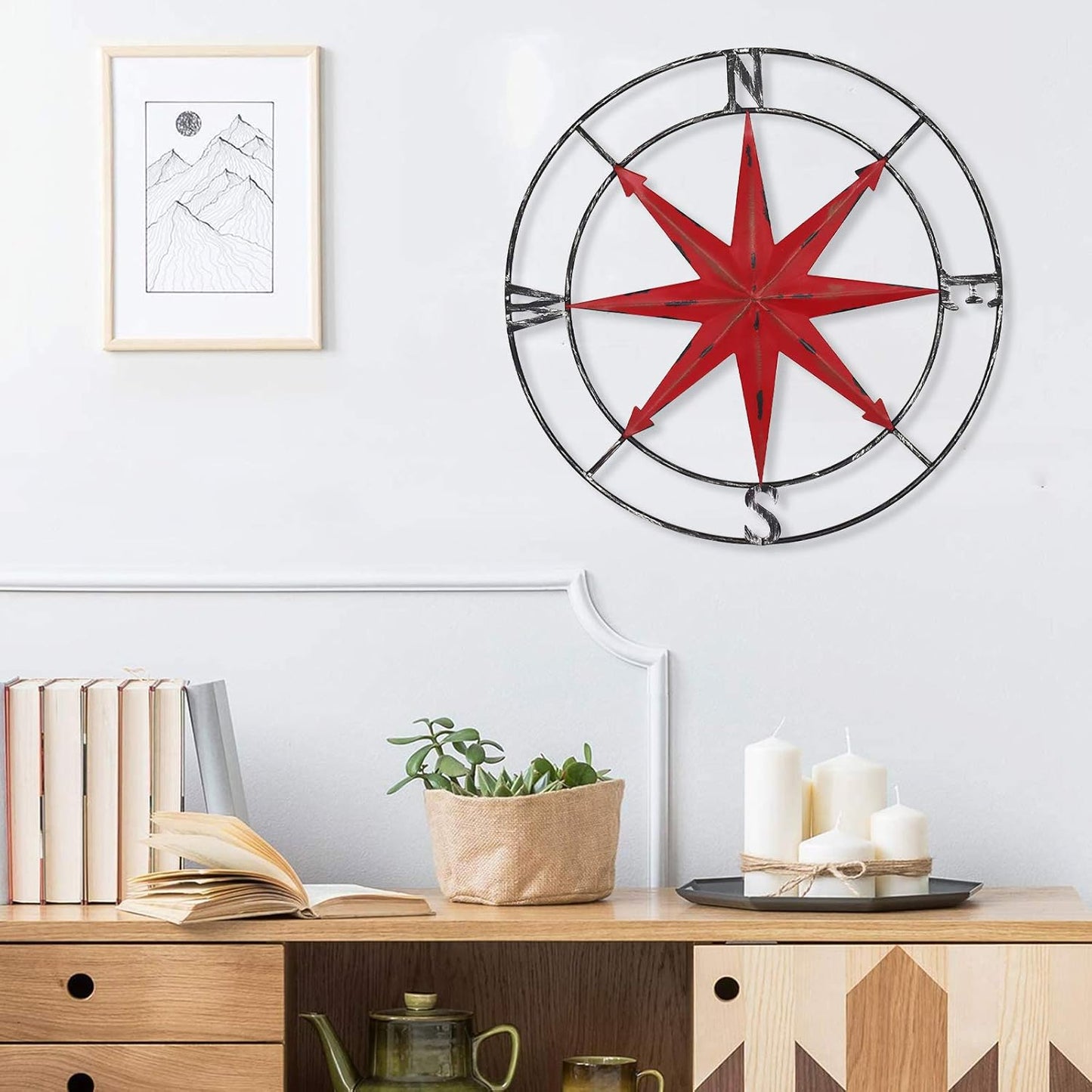 aboxoo Round Metal Compass Decorative Compass Metal Wall Art Hanging Wall Sculpture 22.8 Inch Diameter Farmhouse Decor Indoor or Outdoor Sign
