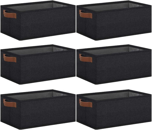 GhvyenntteS Small Fabric Storage Bins 6 Pack, 11.8" x 7.87" x 5.11" Storage Basket with Leather Handles, Closet Storage Bins for Shelves, Storage Baskets for Shelves, DVD Storage (Black)
