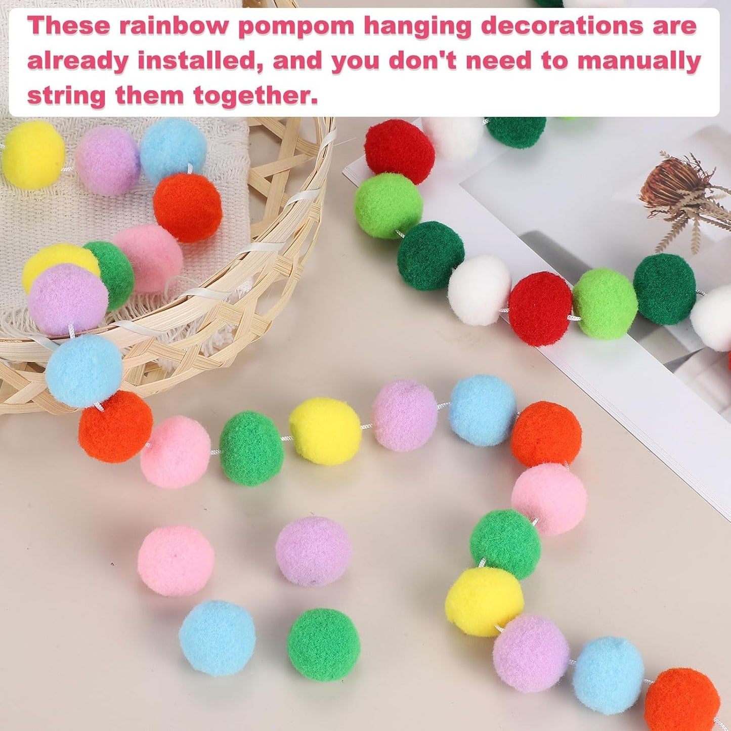 PATIKIL 13Ft Pom Pom Garland Decorations, 2Pcs Colorful Felt Ball Garland Banner Cute Rainbow Pompom Hanging Decorations for Tree Ornaments Homes Decor, 10 Colors