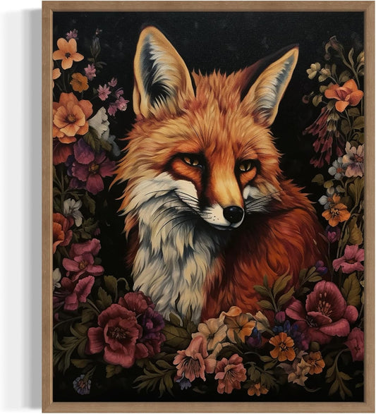 Fox and Flower Poster Art Print, Halloween Scary Vintage Wall Art Academia Spooky Painting Decoration for Horror Prints, Gothic Posters Bedroom Decor 89 (Fox and Flower, 16 x 20 inches, Wood Frame)