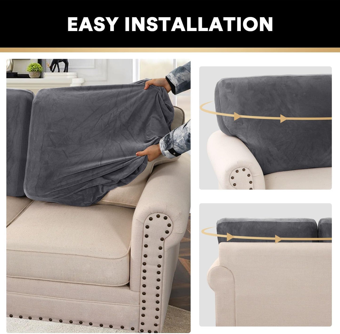 PrinceDeco Sectional Couch Covers Velvet Cushion Covers for Sectional Couch Washable Cushion Covers for Sectional Sofa Pet Friendly Sectional Sofa Slipcovers(1 Chaise Back+ 3 Sofa Back,Grey)