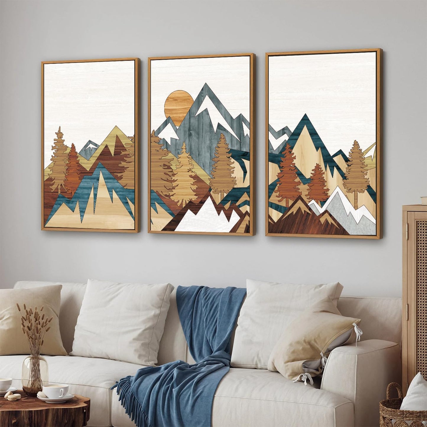 SIGNINART Vintage Mountain Framed Canvas Wall Art Set, Boho Sunrise Art Prints, Forest Nature Wilderness Art Paintings, Modern Farmhouse Woodcut Style Wall Decor for Living Room Bedroom, Office 16"x24"x3