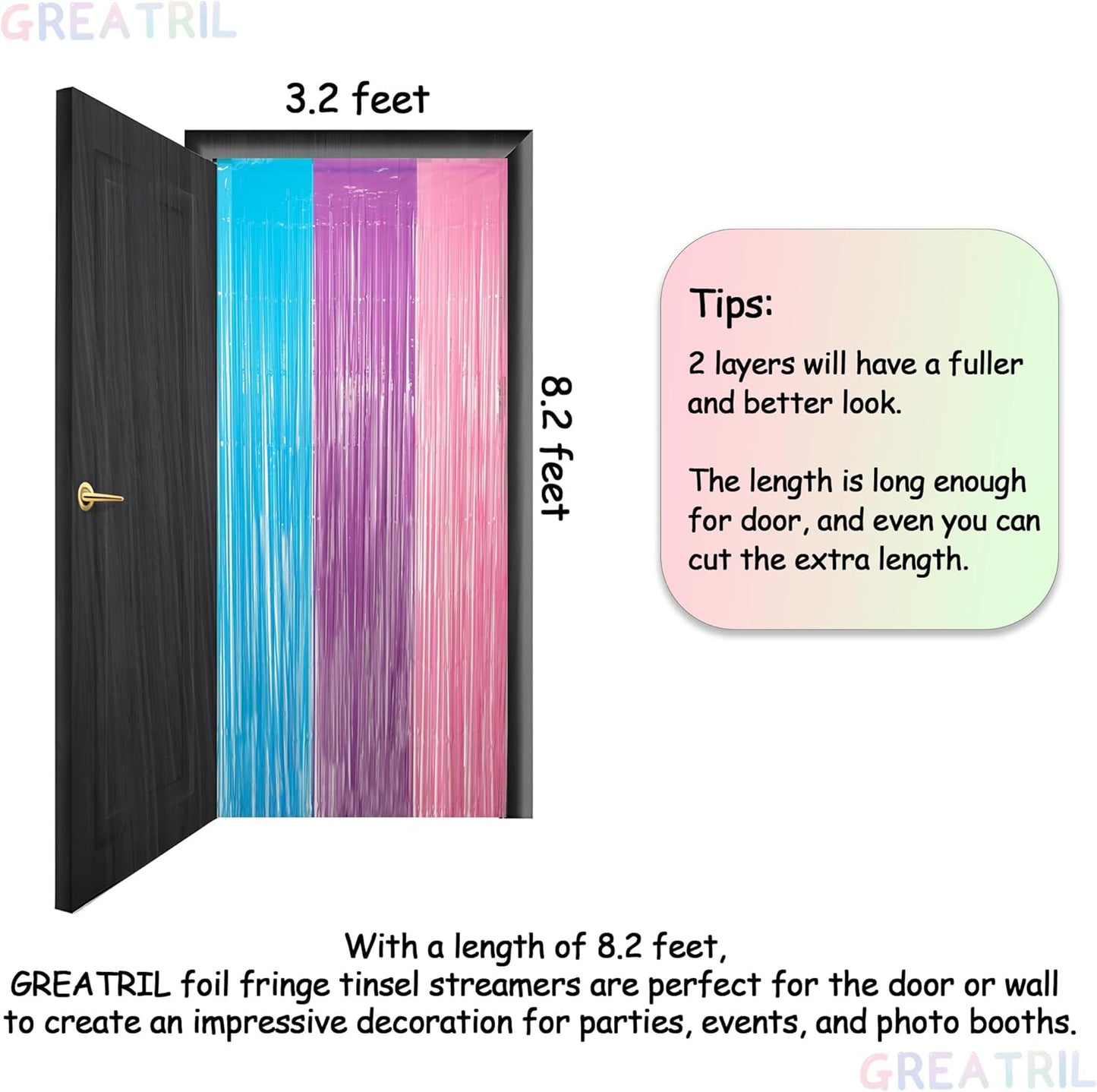 Blue Purple Pink Tinsel Backdrop - GREATRIL Pastel Foil Fringe Curtain Streamers for Pony Theme Birthdays Mermaid Shower Unicorn Girls Party Decorations 2 Packs