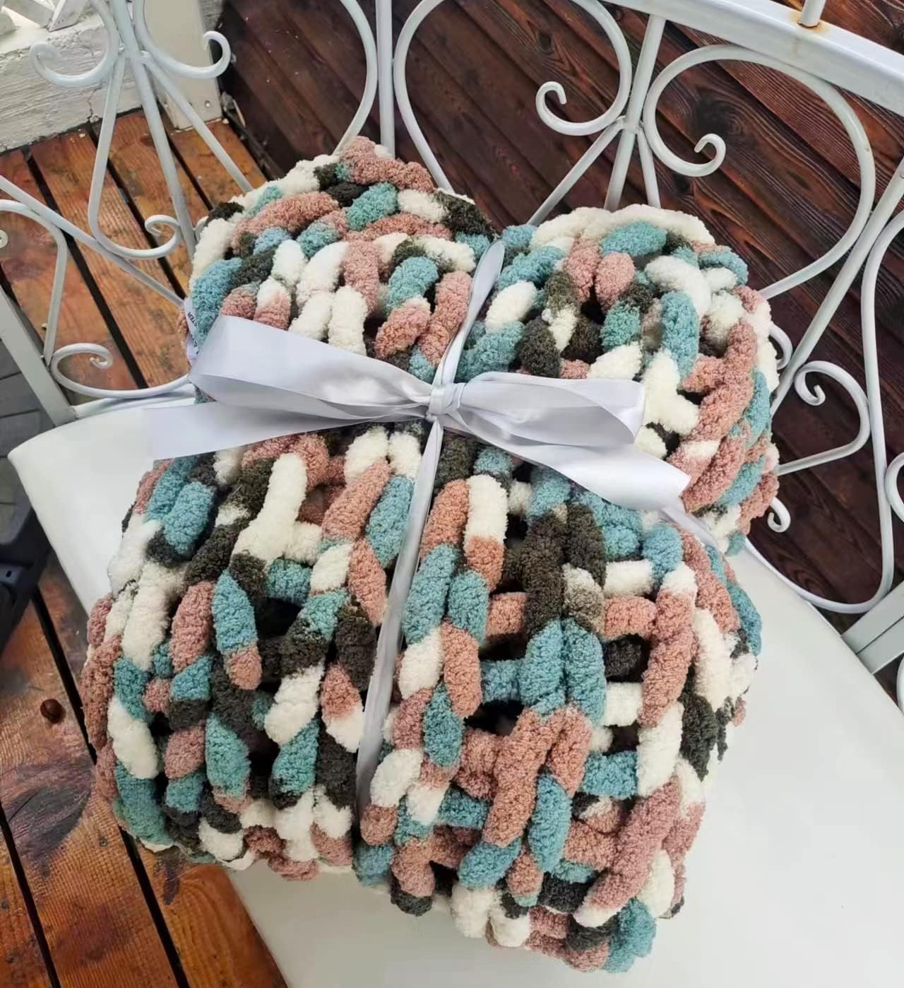 DDL&HEXI Chunky Chenille Blanket 100% Hand Knit with Jumbo Chenille Yarn (50"x60") Super Soft Large Throw Bed Blanket for Couch, Sofa, Home Decor - Machine Washable (02)