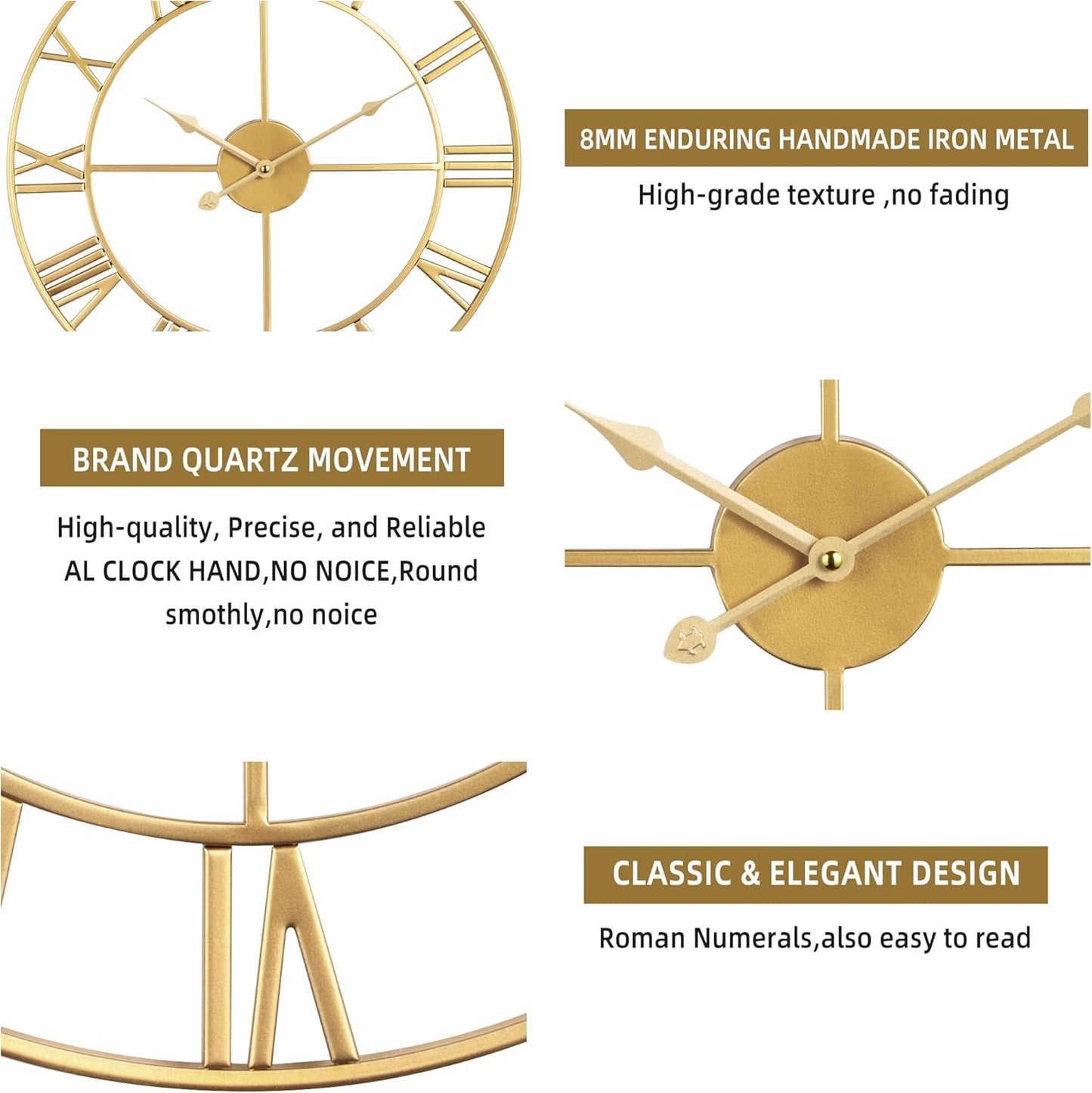 Large Wall Clock for Living Room Decor - 47cm/ 18 Inches Silent Non-Ticking Metal Wall Clocks Battery Operated, Vintage Decorative Modern Wall Clock for Bedroom, Office, Farmhouse Decor