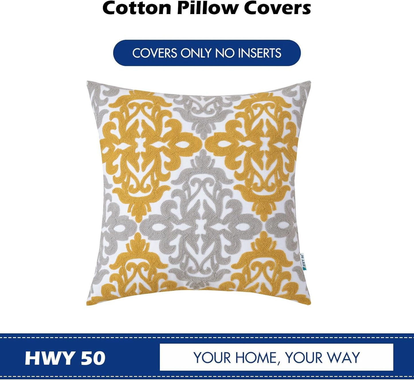 HWY 50 Mustard Yellow Decorative Throw Pillow Covers 18x18 Inch (1 Piece), Embroidered Cotton Farmhouse Cushion Cover Pillow Case for Sofa Couch Living Room Bed Bedroon, Floral Geometric