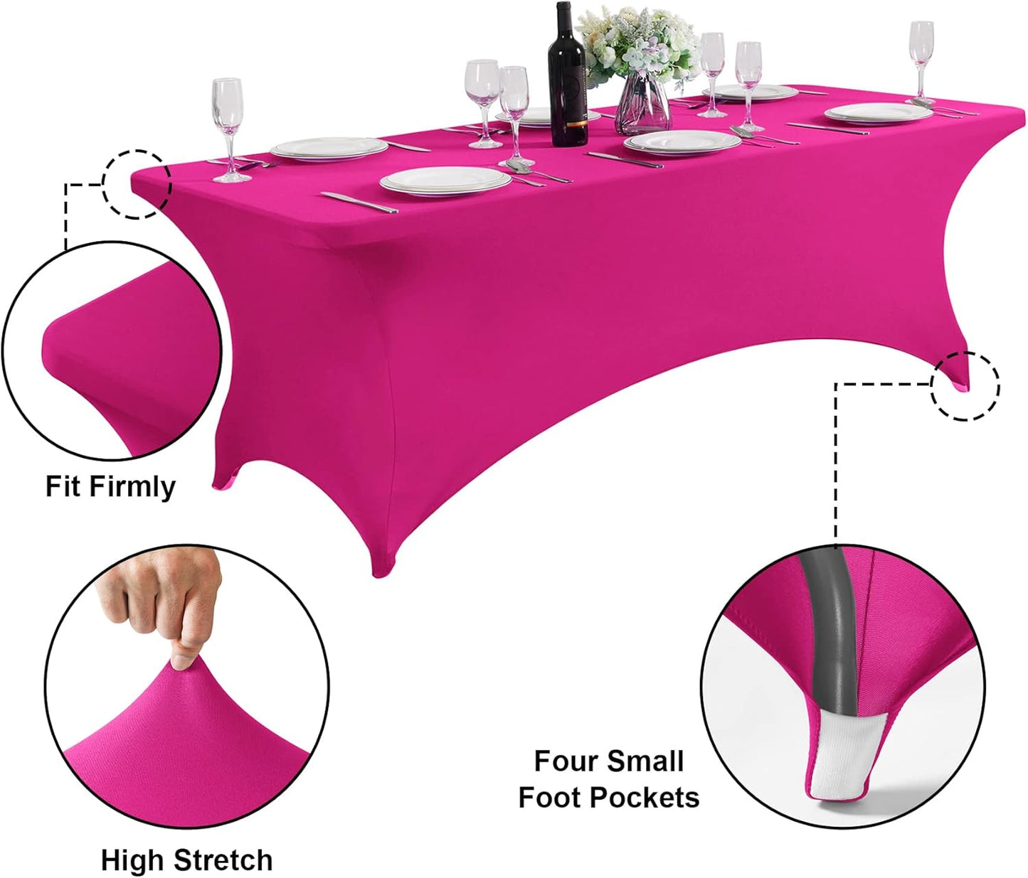 SuperO 2Pack Waterproof Spandex Table Cover for 6FT Table Universal Fitted Stretch Tablecloth for Party, Banquet, Wedding and Events-Fuchsia