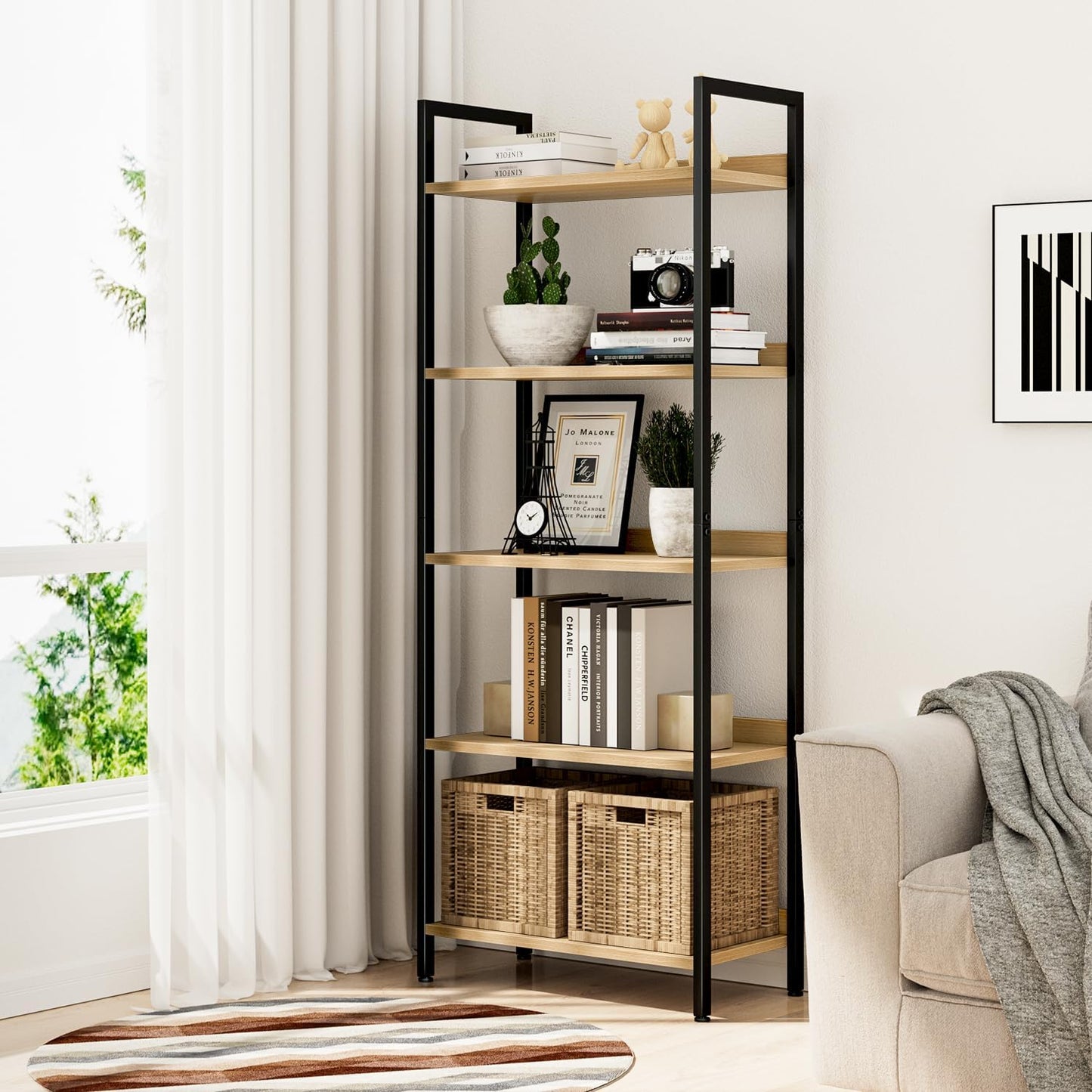 NUMENN Bookshelf, 5 Tier Bookshelves, Home Office Bookcase Shelf Storage Organizer, Free Standing Storage Shelving Unit for Bedroom, Living Room and Home Office, Natural