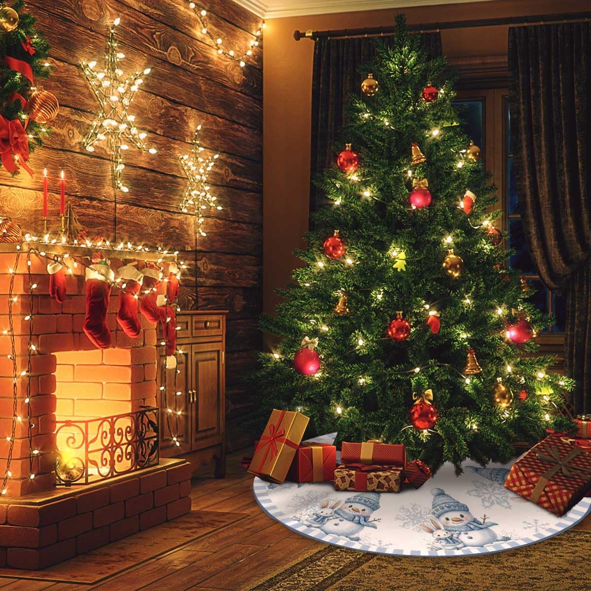 Christmas Tree Skirt 36 inches Blue Snowman Christmas Tree Skirt Mat Farmhouse Xmas Ornaments Decorations for Christmas Holiday Party (Blue, 36in)