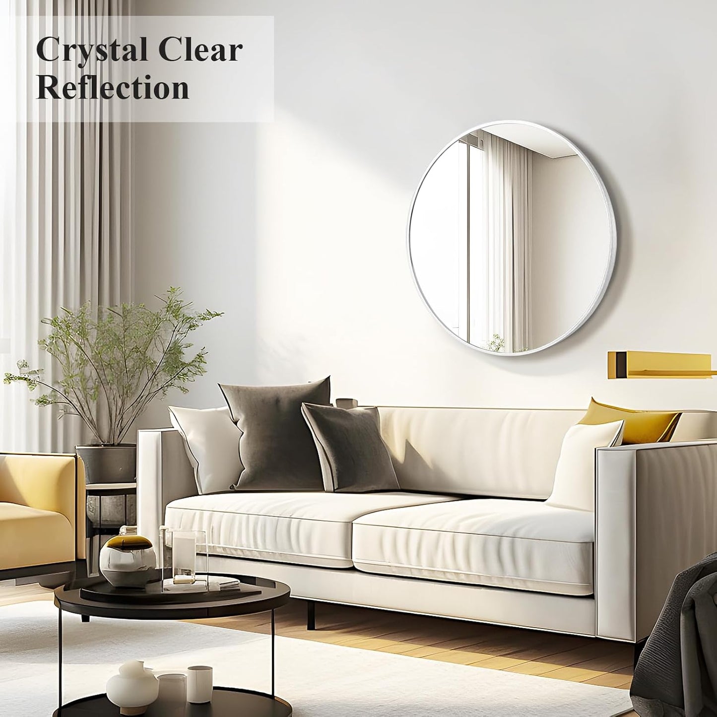 Fabuday Silver Round Mirror for Wall 24 inch - Circle Mirror for Bathroom, Entryway, Living Room, Hallway, Vanity Decor, Small Matte Metal Frame Mirrors