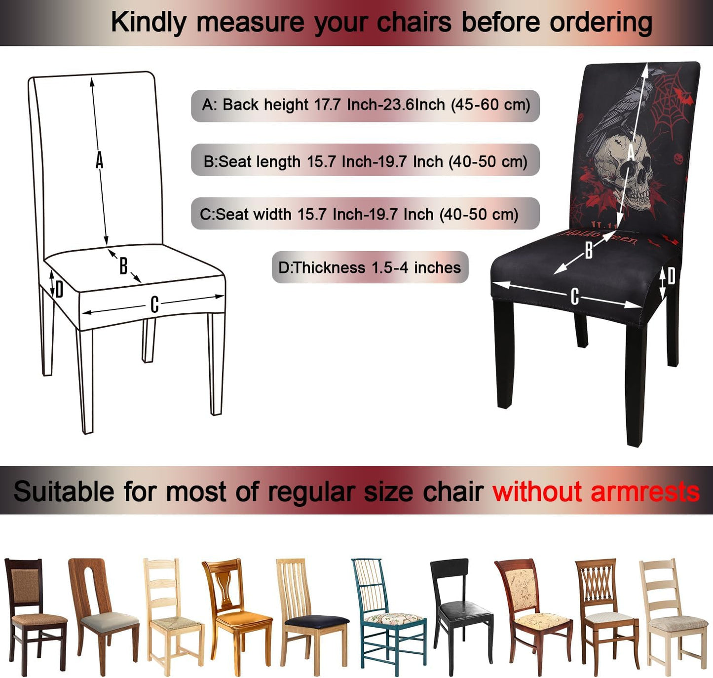 JQinHome Black Halloween Chair Slipcover,Skull Chair Covers Set of 6, High Stretch Washable Chair Protector Cover for Dining Room, Kitchen,Home Party,Wedding Ceremony(Skull Black,6PC)