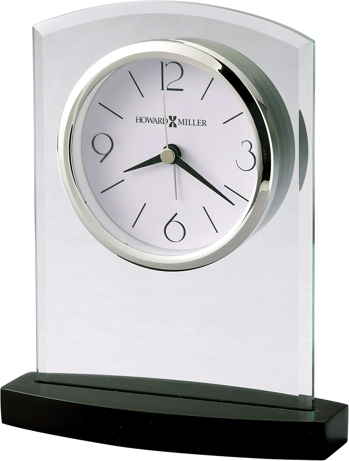Howard Miller Landre Tabletop Clock – Beveled Glass Arch Alarm Clock Quiet Sweep Second Hand Black Wooden Base Battery Operated Quartz Movement Ideal for Desk Bedroom or Office Décor