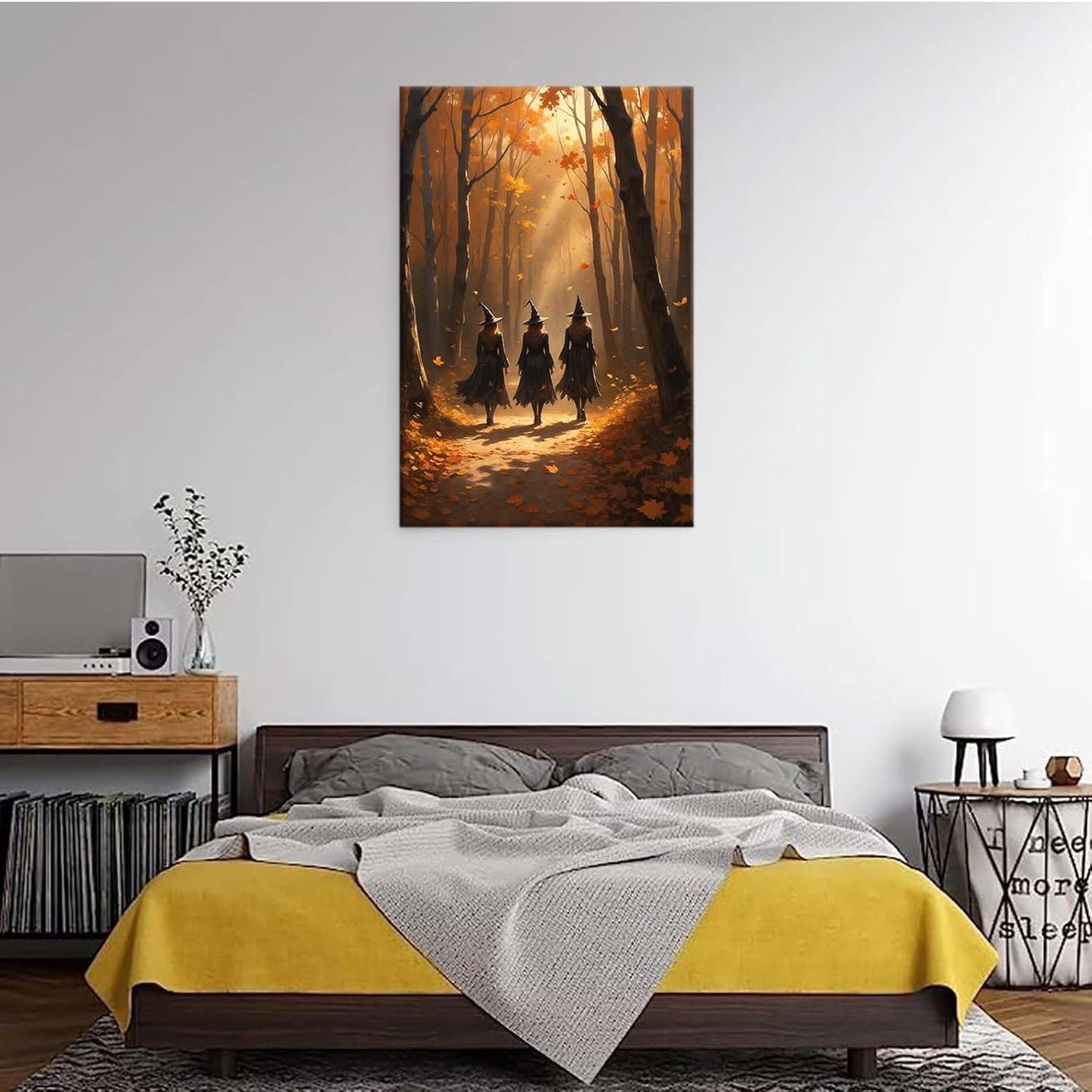 Three witches walking in the forest in autumn canvas painting gothic poster halloween print country witch wall art for home decoration20x30in Wood Framed