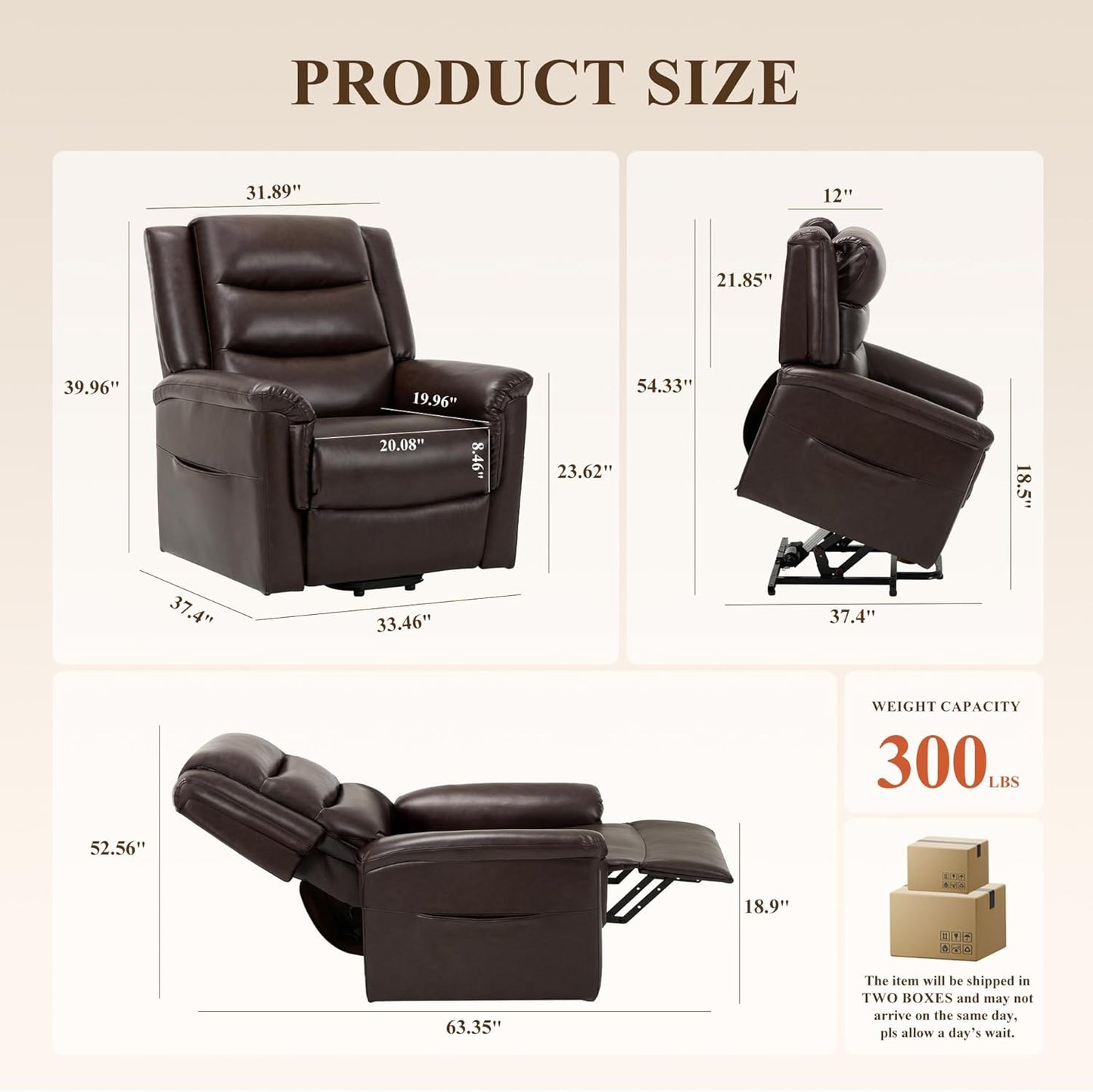 COLAMY PU Leather Electric Power Lift Chair,Lift Recliner Chair with Thick Cushioned Padding Backrest for Living Room, Office, Bedroom （Darkbrown）