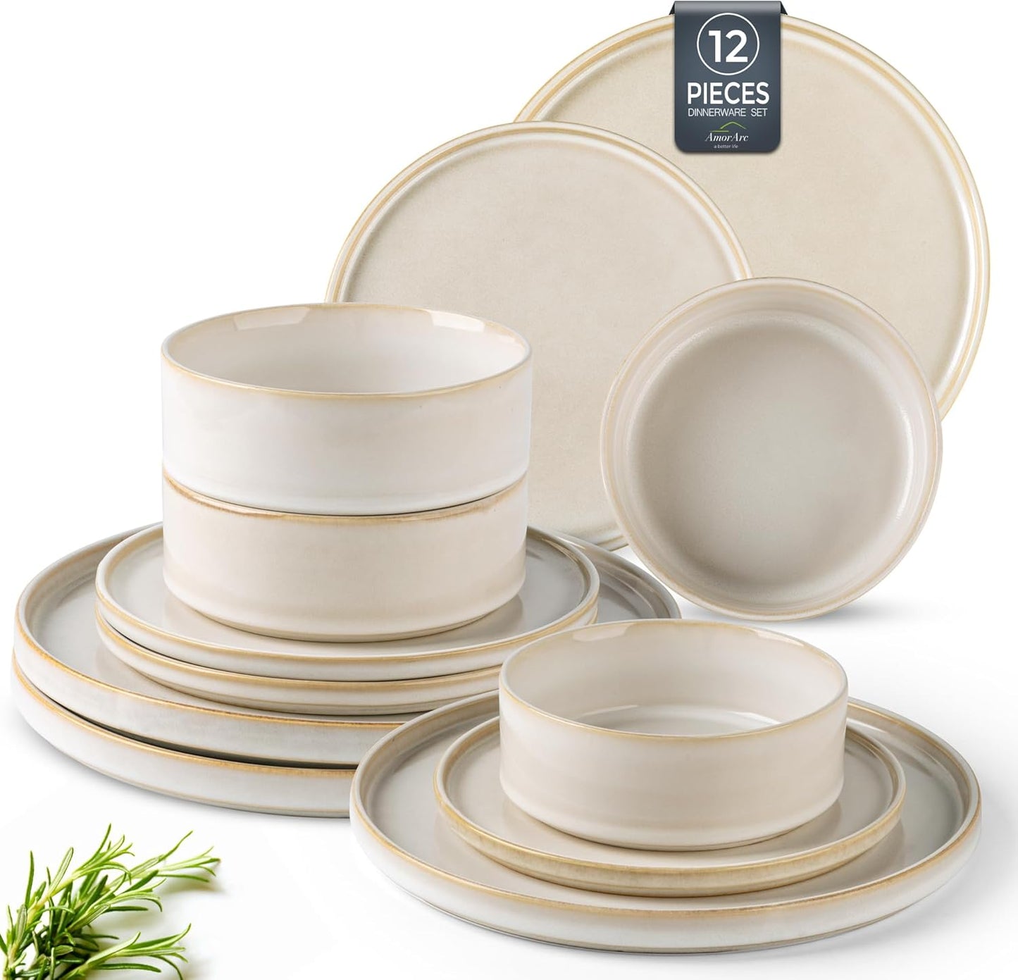 AmorArc Ceramic Dinnerware Sets, Handmade Reactive Glaze Stoneware Plates and Bowls Sets,Highly Chip and Crack Resistant | Dishwasher & Microwave Safe Dishes Set, Service for 4 (12pc)