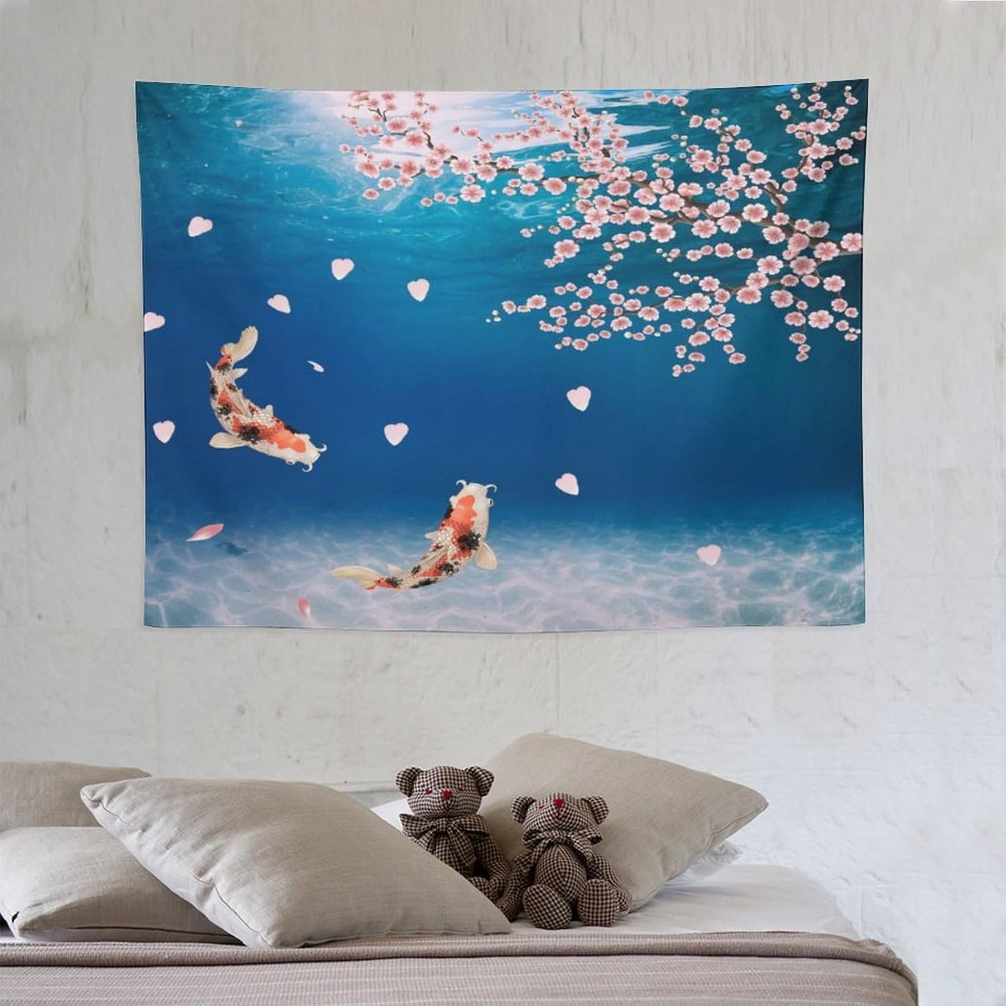 Japanese Koi Fish Tapestry, Cherry Blossoms Asian Oriental Blue Floral Branch Koi Fish Carp Tapestries Wall Hanging for Bedroom Living Room Office Decor 40"x30"