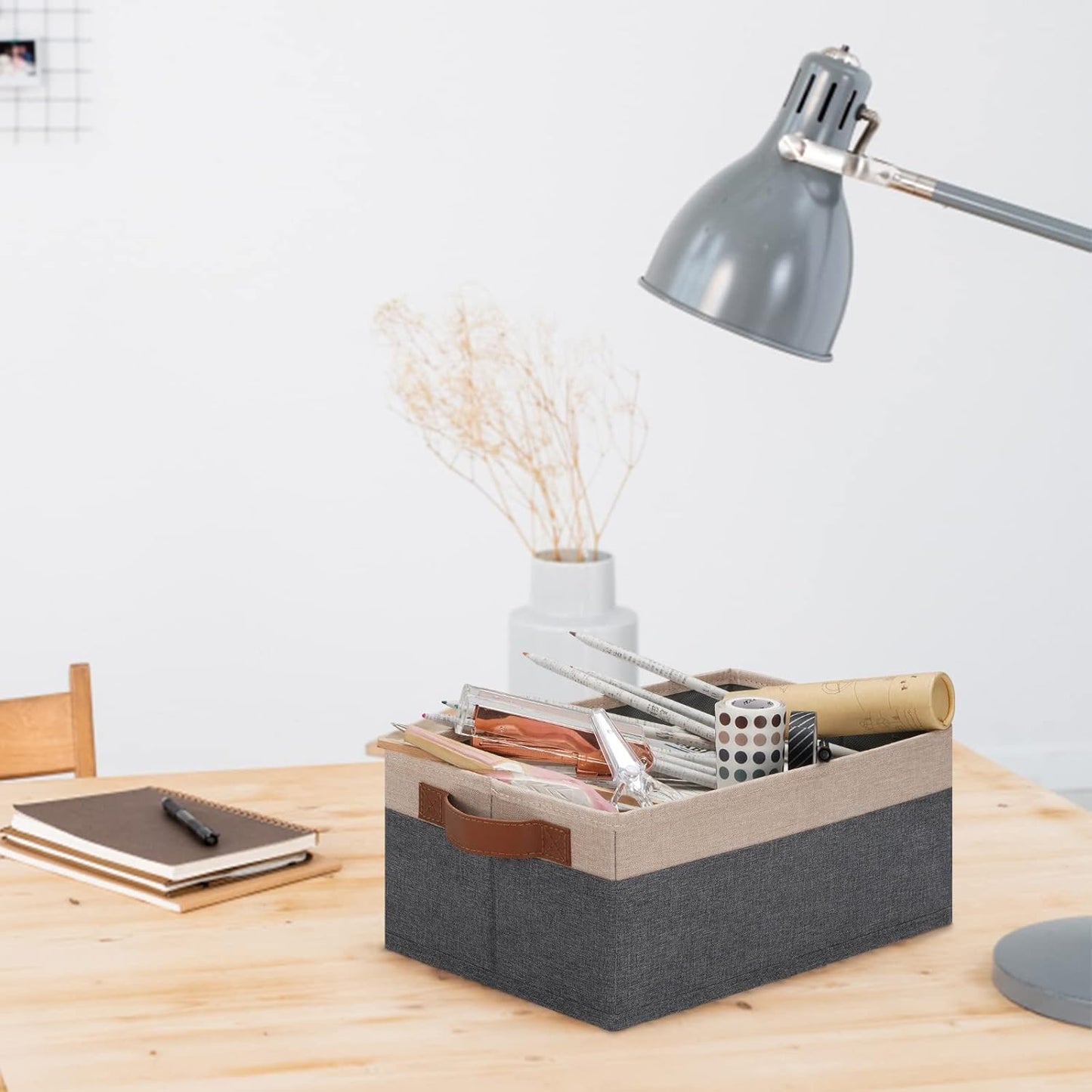 GhvyenntteS Small Fabric Storage Bins 12 Pack, 11.8" x 7.87" x 5.11" Storage Basket with Leather Handles, Closet Storage Bins for Shelves, Storage Baskets for Shelves, DVD Storage (Grey&Beige Yellow)