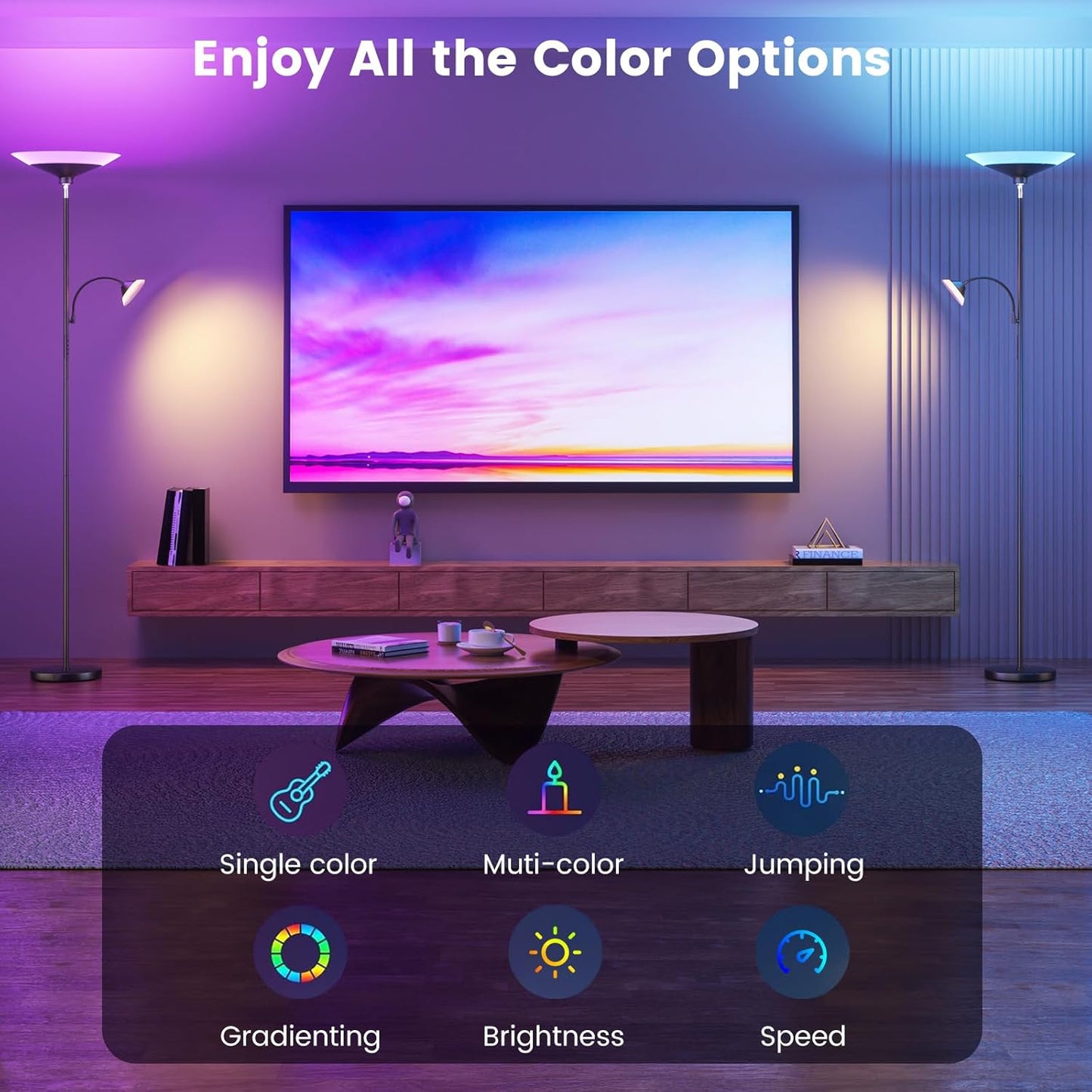 RGB Torchiere Floor Lamp - 2 Way Dimmable LED Standing Lamp with Remote&Button Control, 34W Rotatable Floor Reading Light, 72'' Tall Modern Corner Lamp for Living Room Bedroom Office, Black