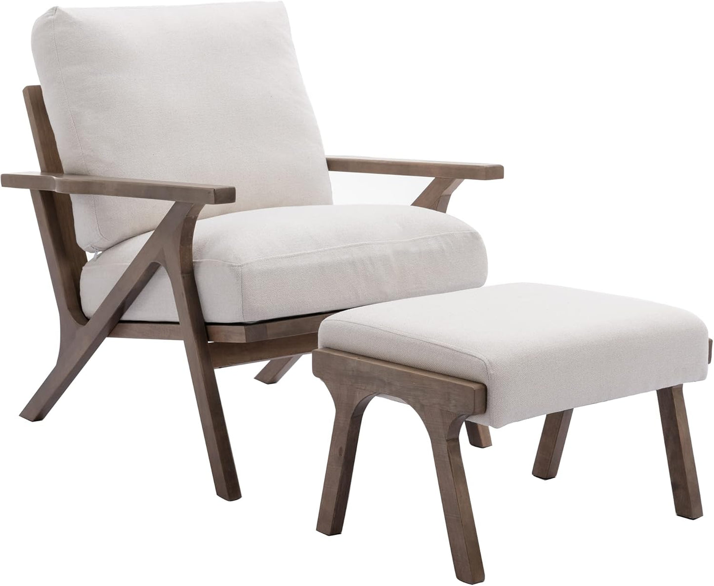 Mid Century Modern Accent Chair with Ottoman, Farmhouse Linen Upholstered Living Room Armchair and Ottoman Set, 23" Seat Wide Retro Leisure Lounge Chair with Wood Frame for Home, Bedroom, White