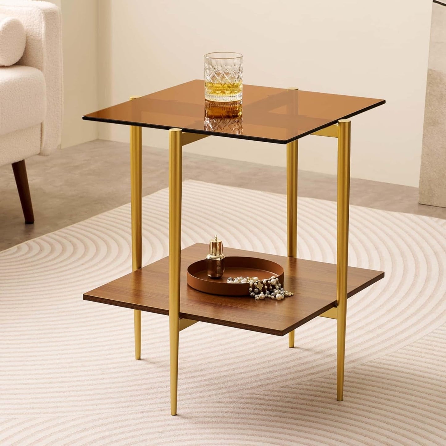 Glass End Table, Mid-Century Modern Design Sofa Table, L41 x W21 x H17, for Living Room, 2-Tier Structure, Clear Glass Top and Walnut MDF Shelf, Sleek Conical Metal Legs with Gold Finish Frame