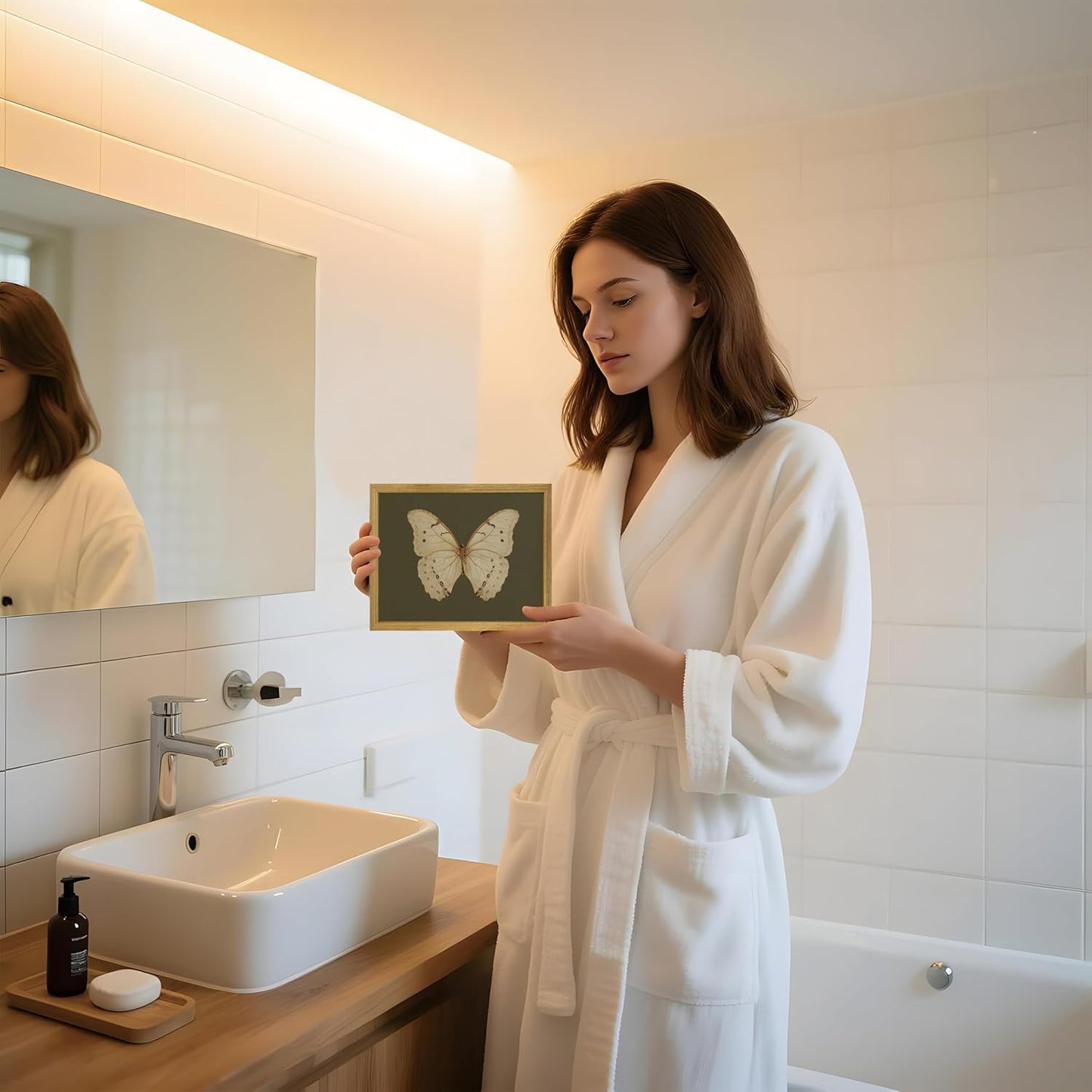 Wood Framed White Butterfly Wall Art, Vintage Butterfly Oil Paintings, Dark Moody Insect Canvas Prints, Boho Sage Green Wall Decor, for Bedroom Kitchen Bathroom Cottagecore Room Decor - 8x10 Inch