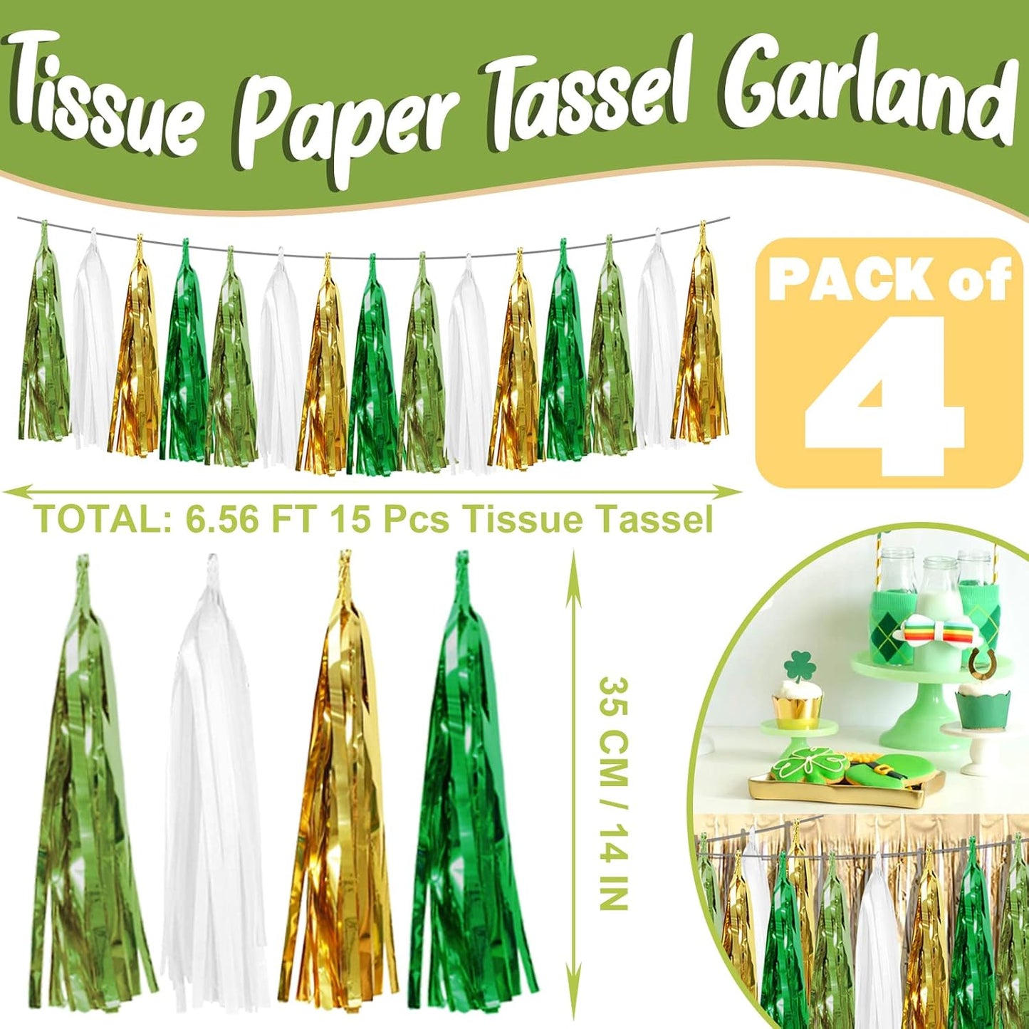 4P Sage-Green Beige-Mint Gold Foil Fringe Metallic Tassel Garland Banner, Tassels Banner Streamers for Parade Floats, Bachelorette, Wedding, Birthday, Christmas, Bridal/Baby Shower Party Decorations