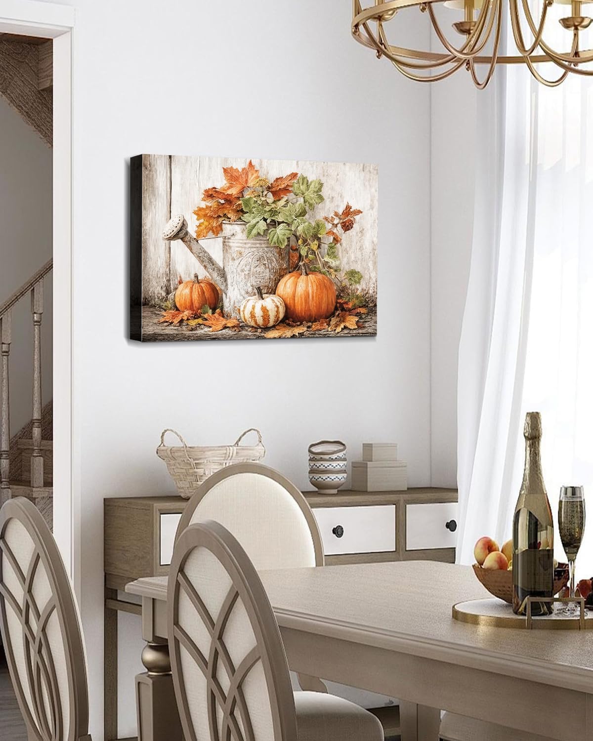 Autumn Pumpkin and Watering Can Canvas Wall Art, Rustic Fall Leaves Print Farmhouse Picture for Thanksgiving Decorations, Fall Wall Art Decor Ready to Hang