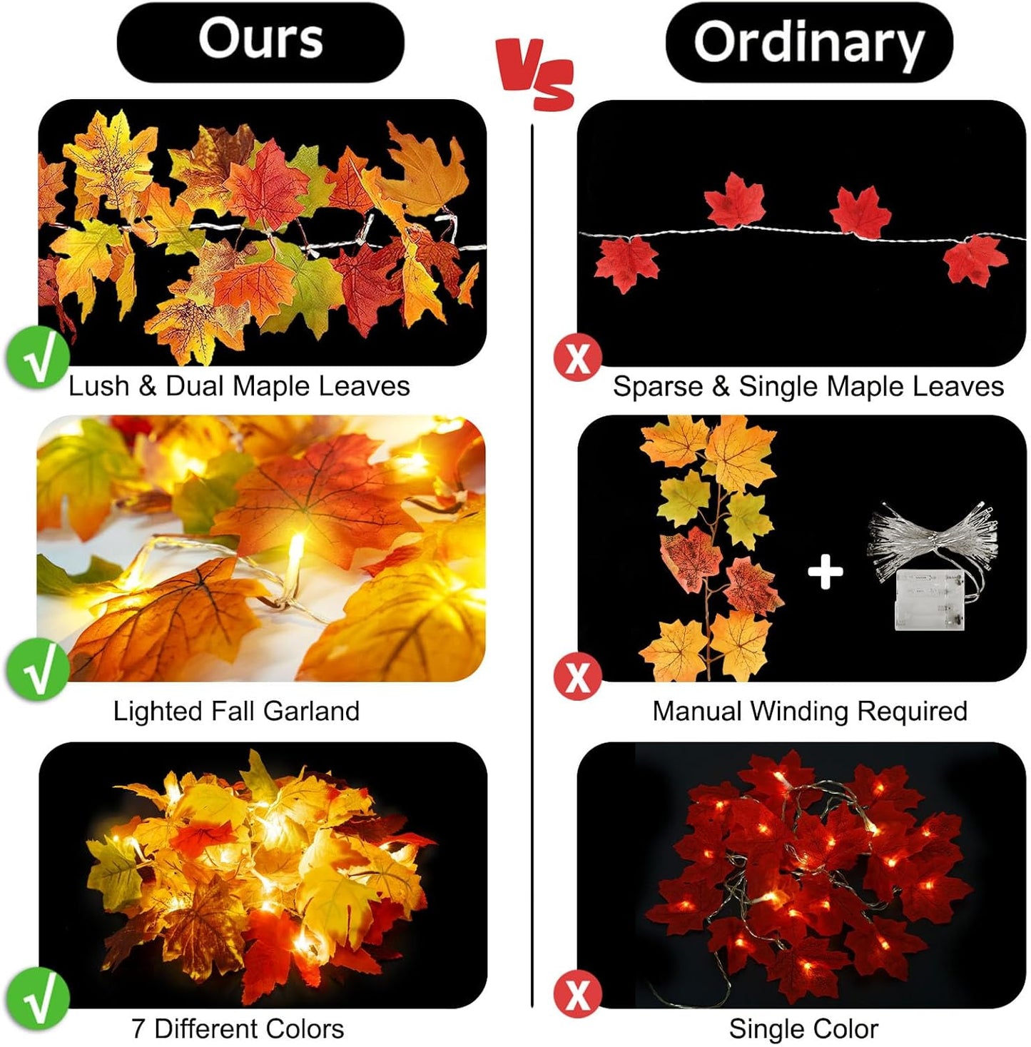 Ouddy Decor 2 Pack Fall Garland with Lights Decorations Maple Leaves Fall Lights Total 20 Ft 60 Led Mixed Color Battery Operated for Indoor Outdoor Autumn Harvest Thanksgiving Halloween Fall Decor