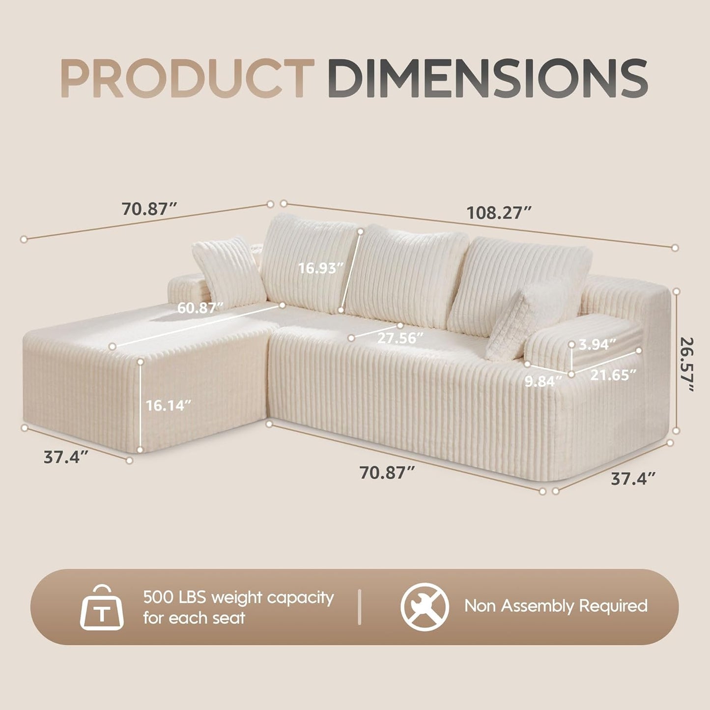 Hobestluk Modular Sectional Sofa Couches 108" L-Shape Couch 3 Seat Modular Sofa Memory Foam Sectional Couches for Living Room, Boneless Couch with Oversized Chaise (White, Left Facing)