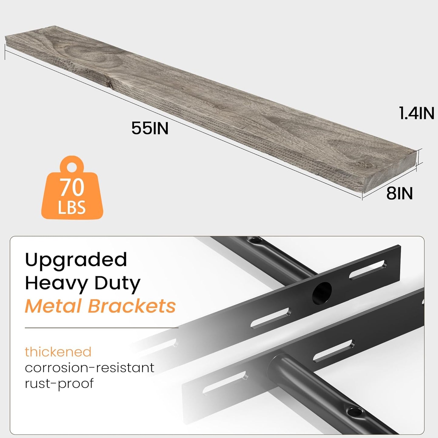 Fun Memories Floating Shelves for Wall Dec, 55"x8" Rustic Reclaimed Wood Shelves, Heavy-Duty Wall Mounted Shelves with Invisible Brackets for Living Room, Bedroom, Kitchen, Grey Finish