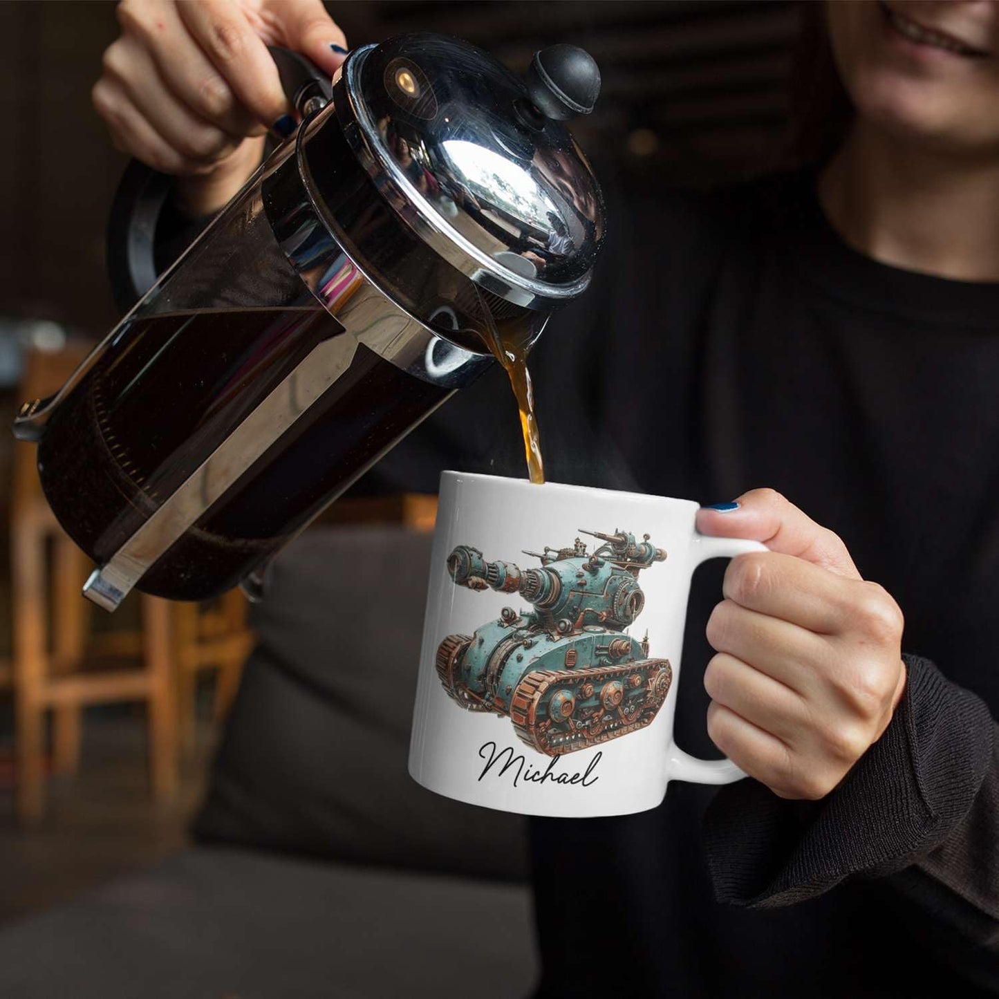 Personalized Unique Steampunk Tank Design Mug, Custom Mechanical Tank Art Coffee Cup 11oz, White Mug Gift For Mechanic Enthusiasts, Custom Name Ceramic Cup 11oz Or 15oz, Kids Mug