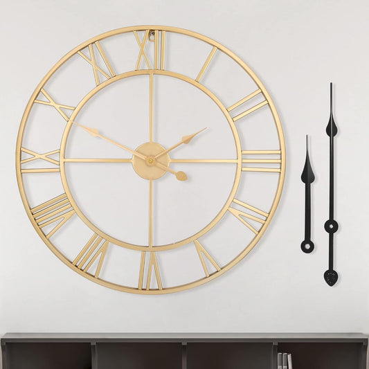 LEIKE Large Modern Wall Clocks,24" Gold Metal,Rustic,Round,Silent Non Ticking,Battery Operated Roman Numerals Clock for Living Room/Bedroom/Kitchen Wall Decor-(Gold, 60cm)