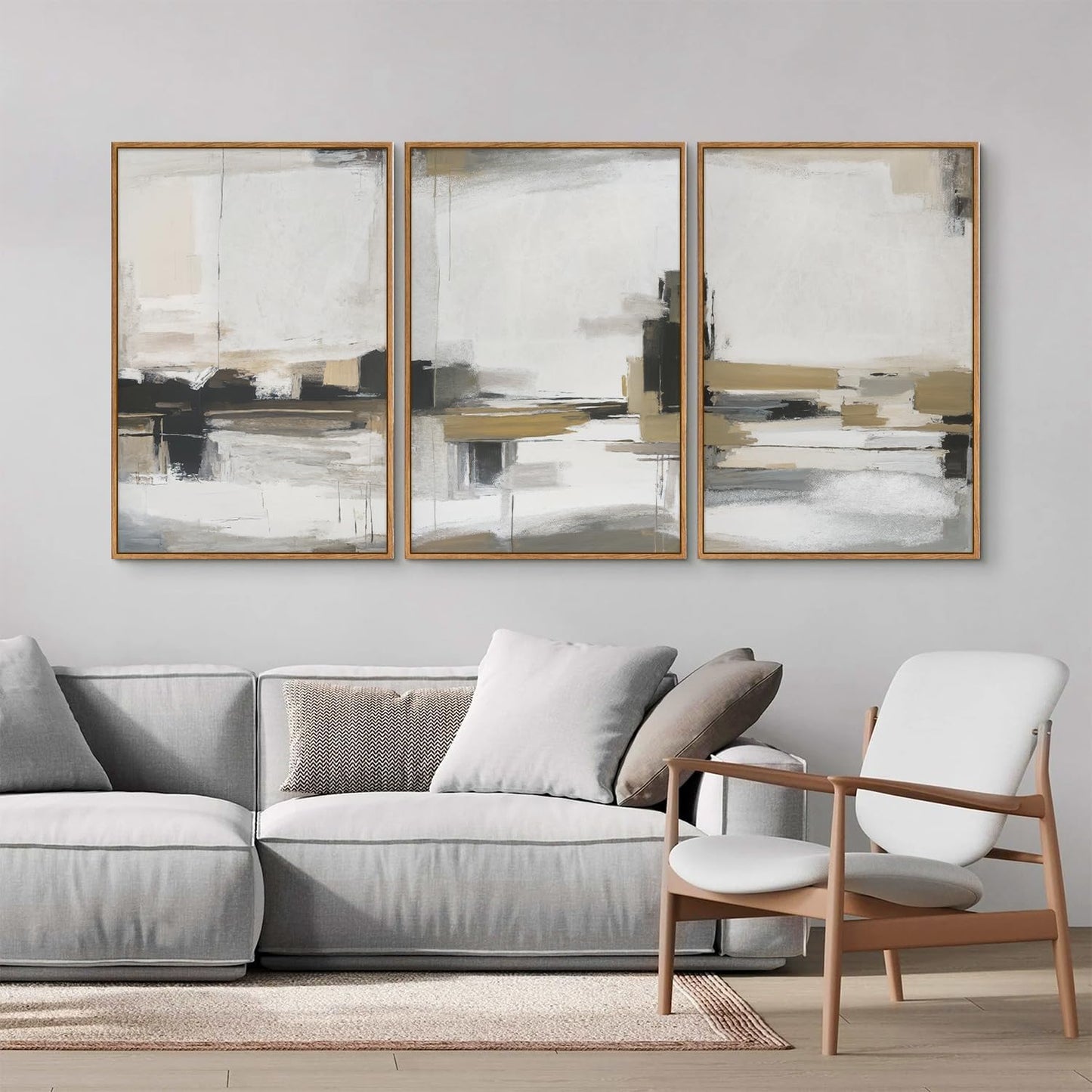 SIGNINART Beige Abstract Framed Canvas Wall Art Set, Black and White Textured Art Prints, Paint Strokes Minimalist Shapes Wall Decor, Neutral Modern Art Paintings for Living Room, Bedroom, Office 16"x24"x3