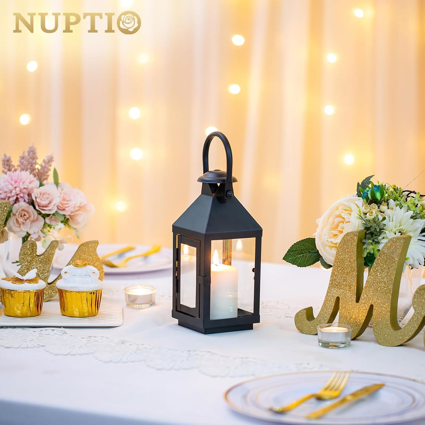 Nuptio Garden Lanterns for Candles, 20cm/7.87in Tall Vintage Style Pillar Candle Holder, Metal Halloween Candle Holders, Hanging Decorative Candle Lanterns for Wedding Christmas Parties Indoor Outdoor