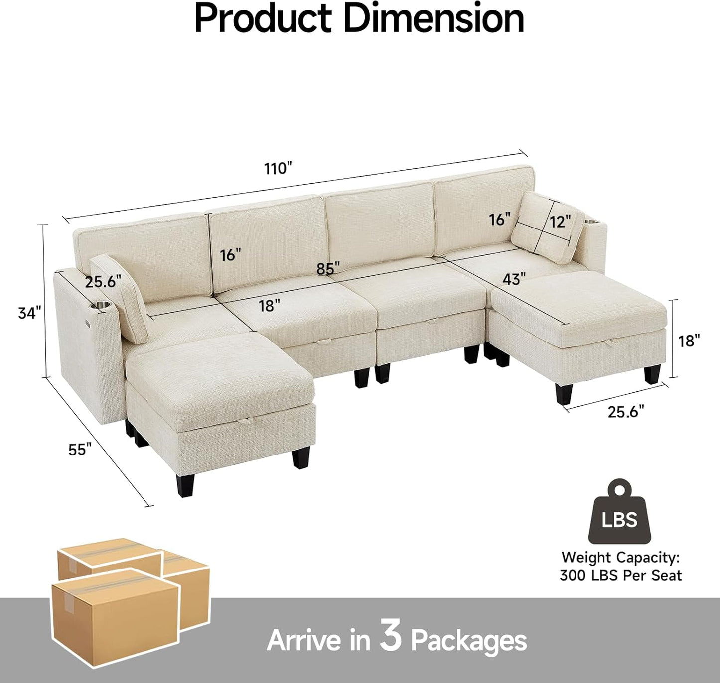 110" Modular Sectional Sofa, Convertible Sleeper Sofa Couch Bed with Adjustable Backrest, U-Shaped Chenille Cloud Couch with Ottoman Storage, Deep Seat Couches for Living Room,Beige