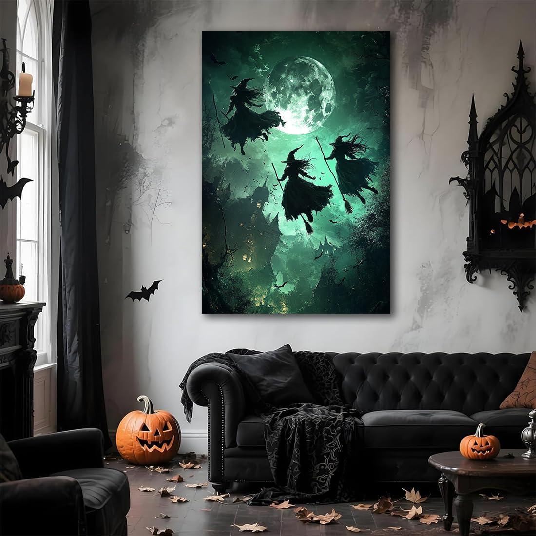 Flying Three Witches Halloween Canvas Wall Painting,Witches on Broom Under Full Moon Castle Victorian Decoration Haunted House Retro Poster for Living Room Bedroom Gallery,16"x24" Framed