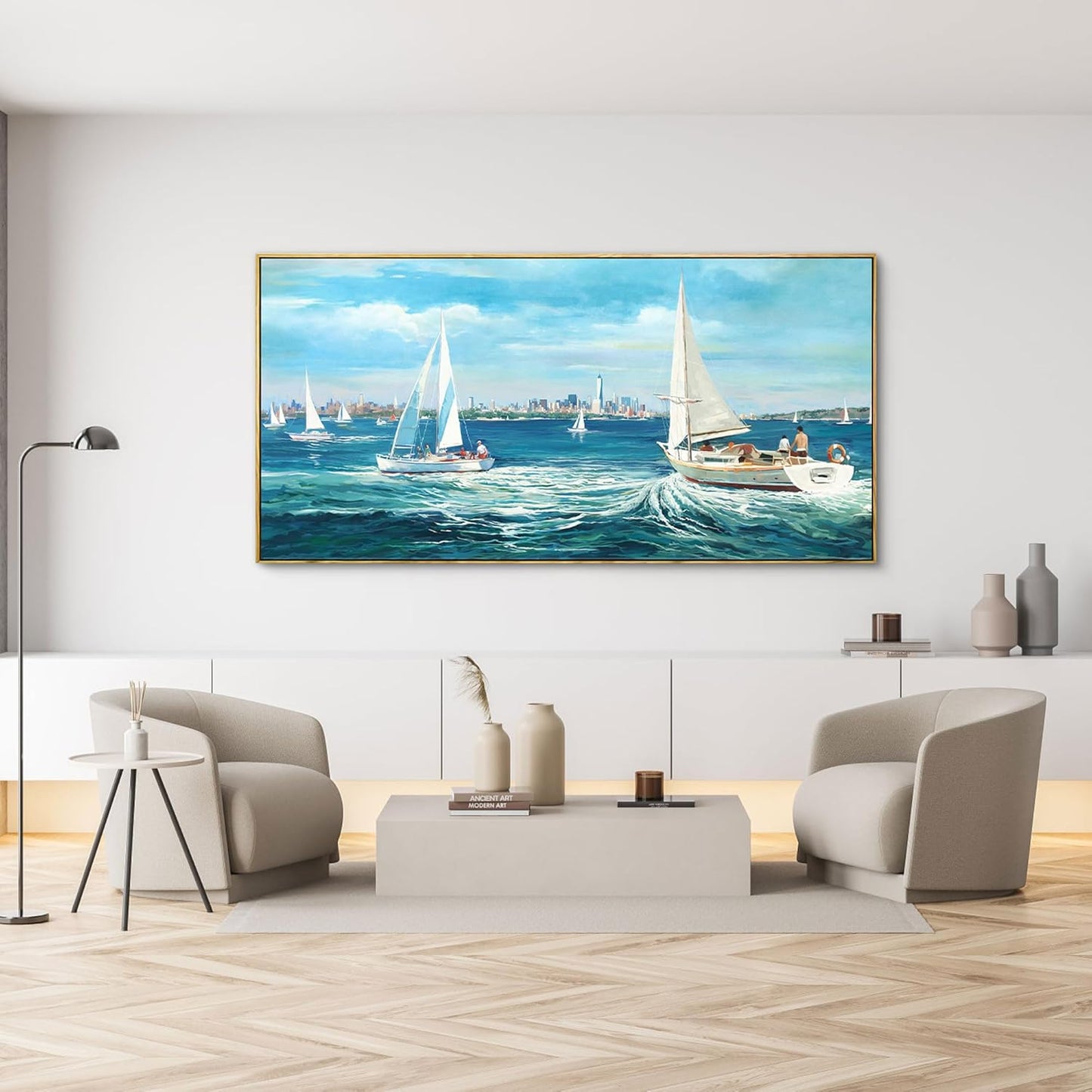 XLSJERST Large Blue Canvas Wall Art Seascape Painting - Landscape Picture Textured Navy Modern Sailboat Ocean Artwork Framed for Living Room Bedroom Bathroom Home Office Wall Decor Large Size 24"x48"