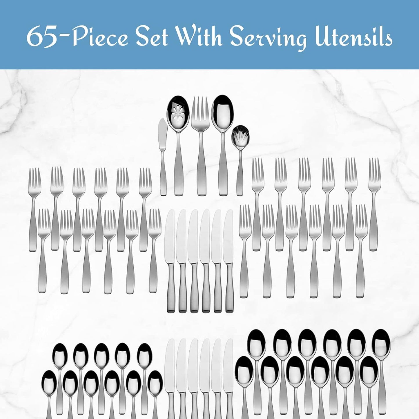 Mikasa Satin Loft 65-Piece Flatware Set for 12, 18/10 Stainless Steel Silverware with Forks, Knives, Spoons, and Serving Utensils, Durable and Elegant Design