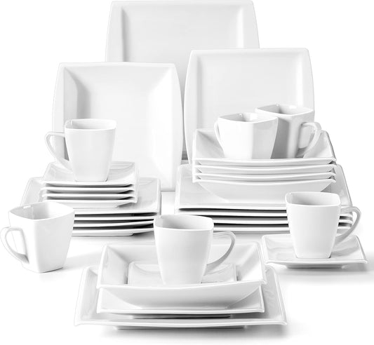 MALACASA Plates and Bowls Sets, Square Dinnerware Sets for 6 (30pcs), Series Blance
