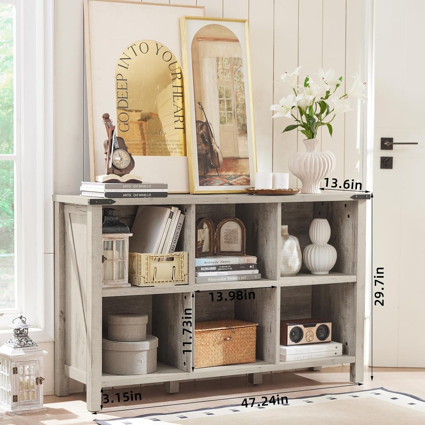 Farmhouse 6 Cube Bookshelf, Rustic Grey Oak Wooden Storage Organizer Book Shelf, 47 Inch Cubby Hallway Bookcase, Kids Toy Storage Cabinet, Modern Open Book Case for Living Room, Hallway