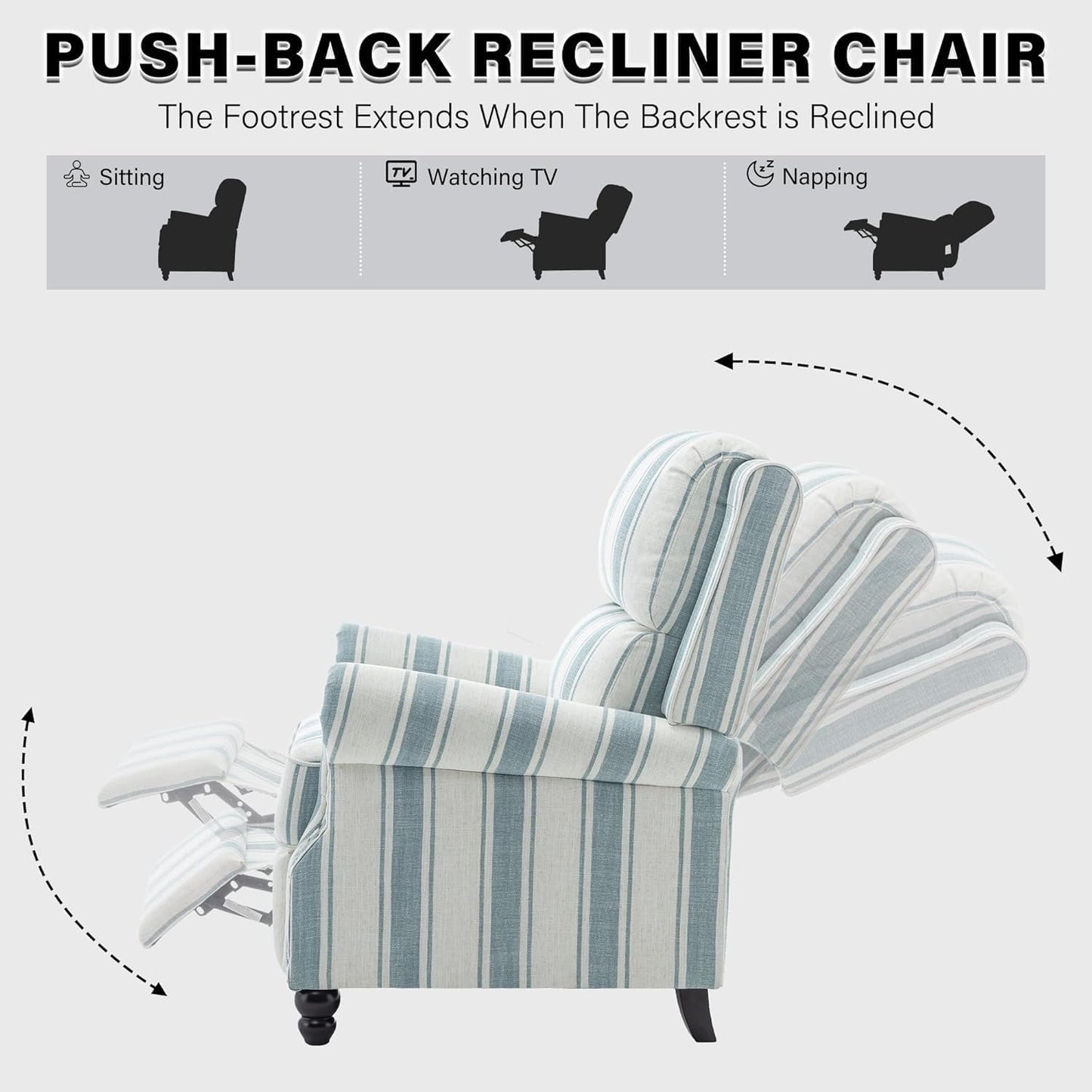 UIXE Pushback Recliner Chair, Fabric Armchair Push Back Accent Chair for Living Room, Rivet Trim Club Arm Chair Overstuffed Home Theater Single Sofa Bedroom Reading Seat with Footrest - Stripe Blue