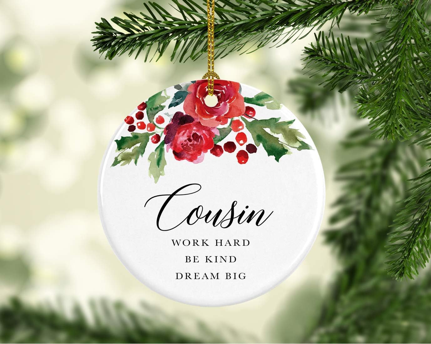 Andaz Press Round Ceramic Porcelain Christmas Tree Ornament Keepsake Gift for Cousins, Cousin Work Hard Be Kind Dream Big, 1-Pack, Includes Ribbon and Gift Box