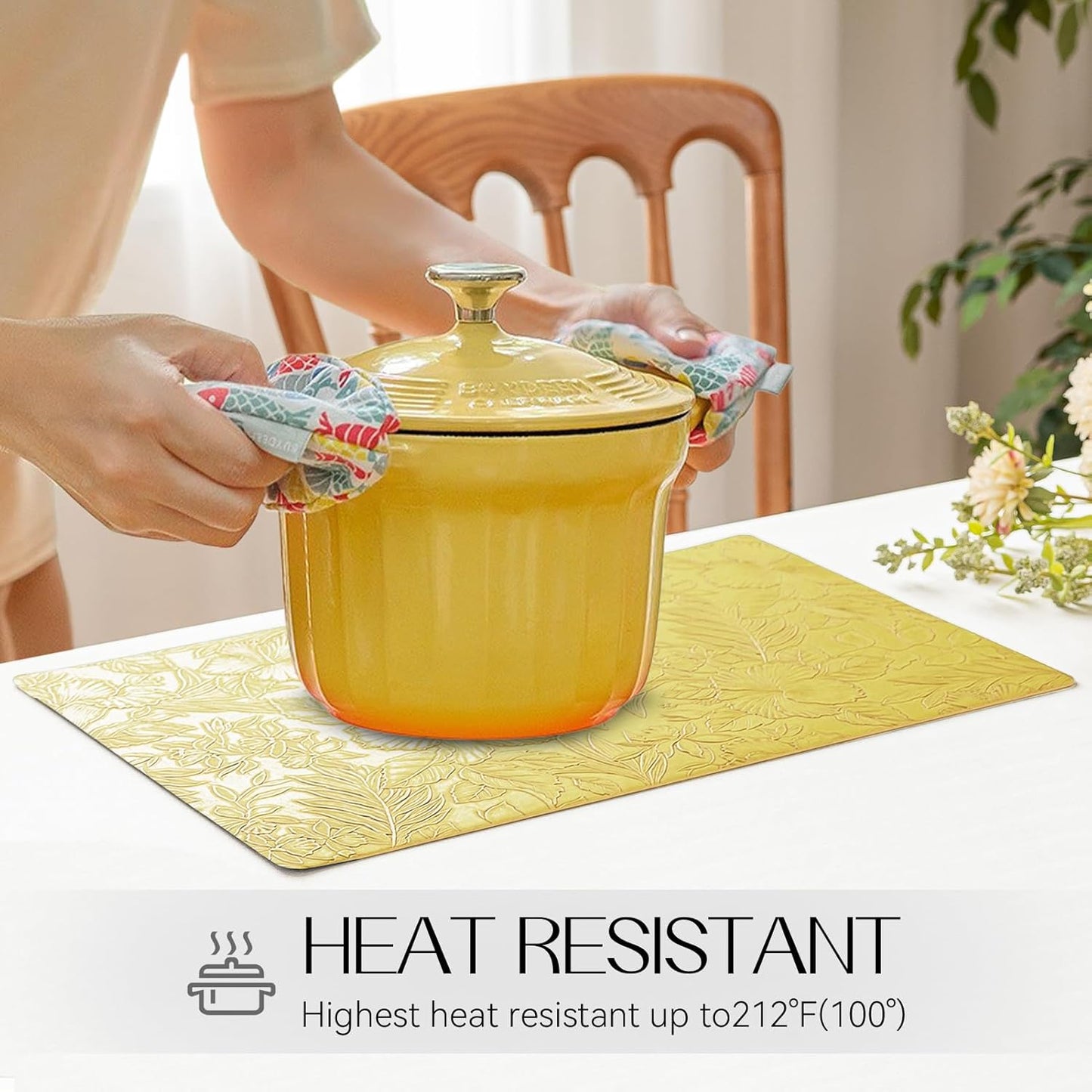 Romanstile Vinyl Placemats Set of 8-12 X 18 Inch - Heat Resistant Non-Slip Embossed Floral Place Mats 100% Waterproof Oilproof Wipeable Faux Leather Table Mats for Kitchen/Dining/Party, Yellow
