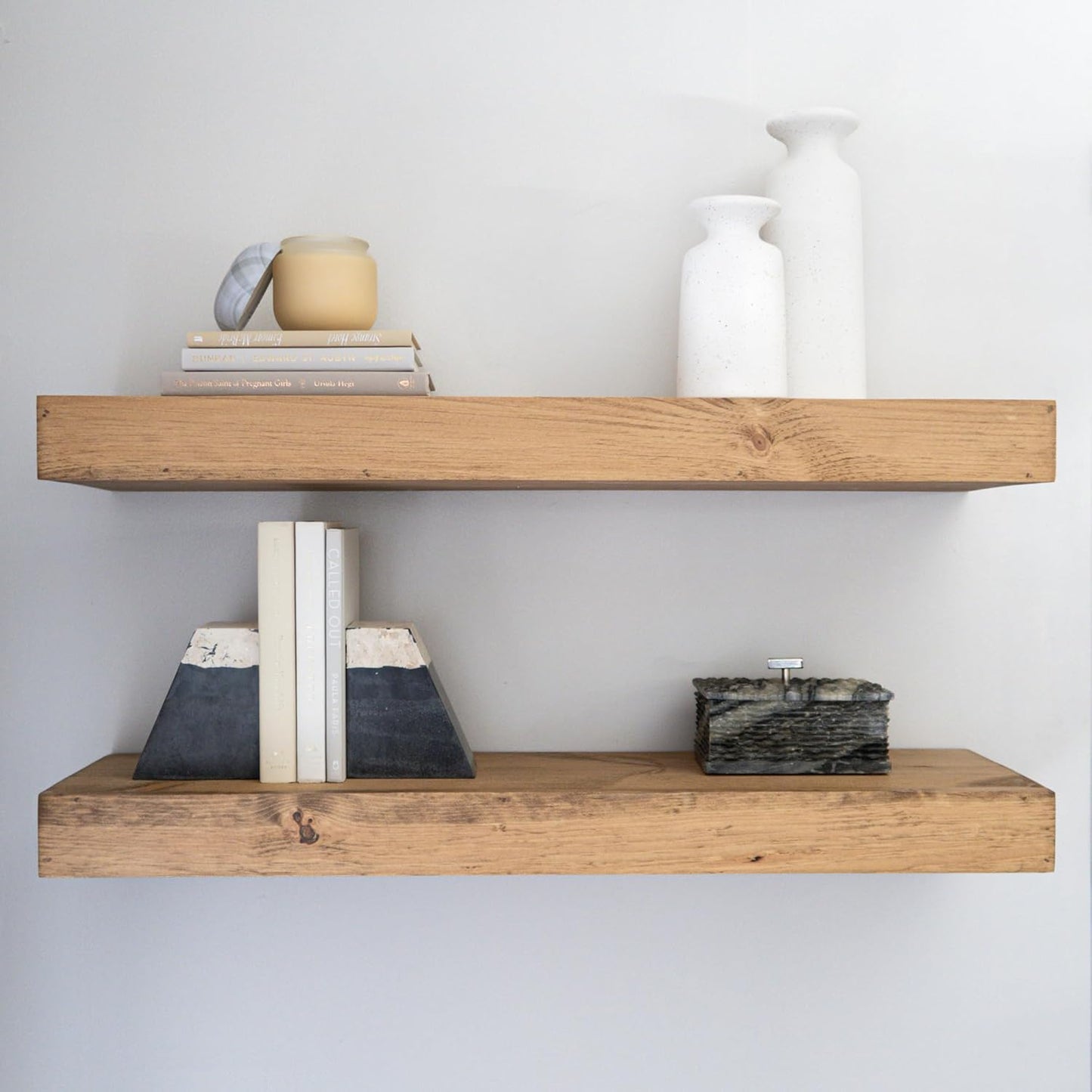 Modern Floating Shelves 3 Inches Thick for Wall, Wide Shelves for Kitchen, Living Room, Bedroom, and Bathroom, Natural Pine Wood, Rustic Wooden Shelf, (Set of 2) (Aged Oak, 48Lx3Hx8D)
