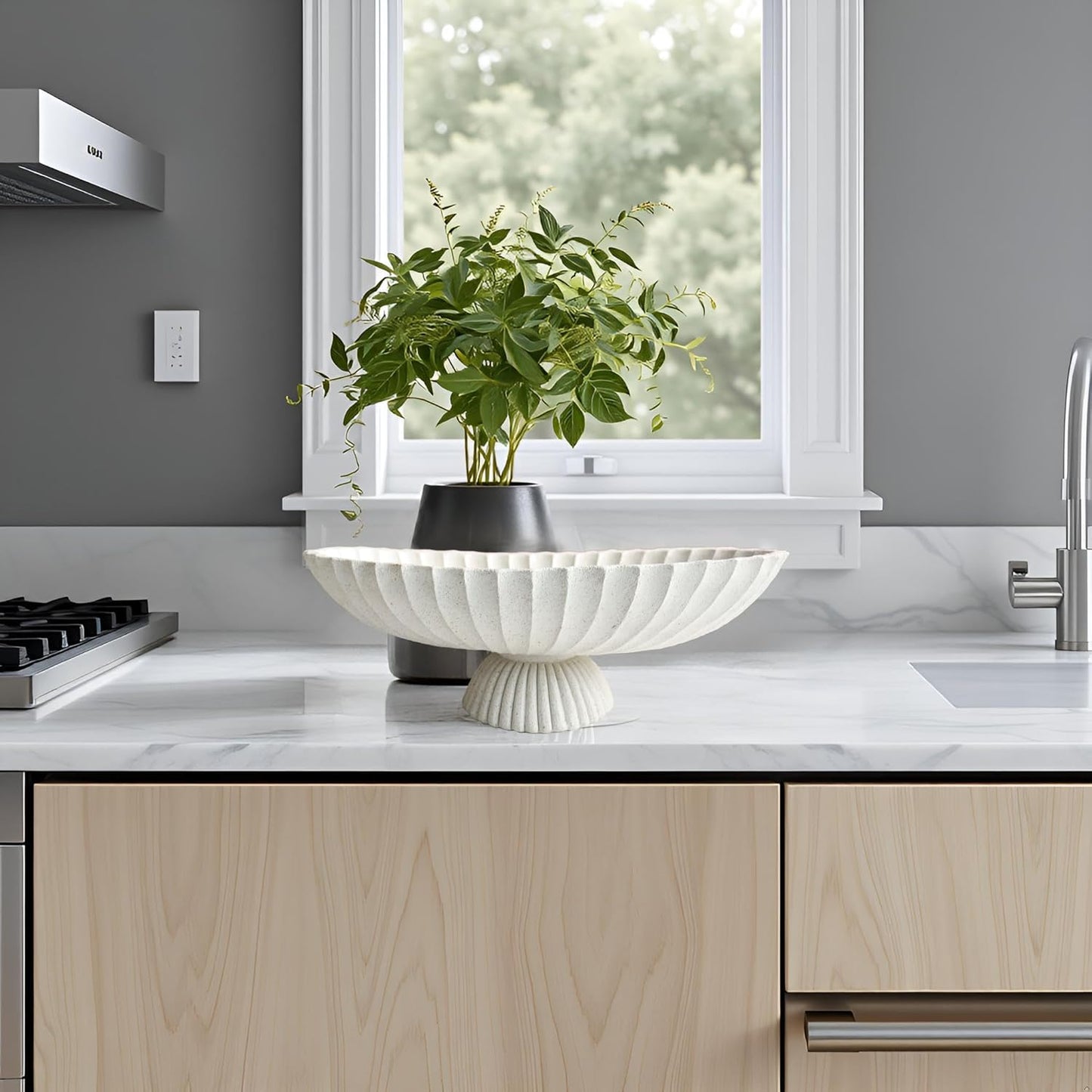 14.5" Large Decorative Long Bowl - Light Gray Fluted Scalloped Decorative Bowls for Home Decor - Ruffle Decor,Stylish Key Bowl for Entry Table,Decorative Fruit Bowl for Kitchen Counter