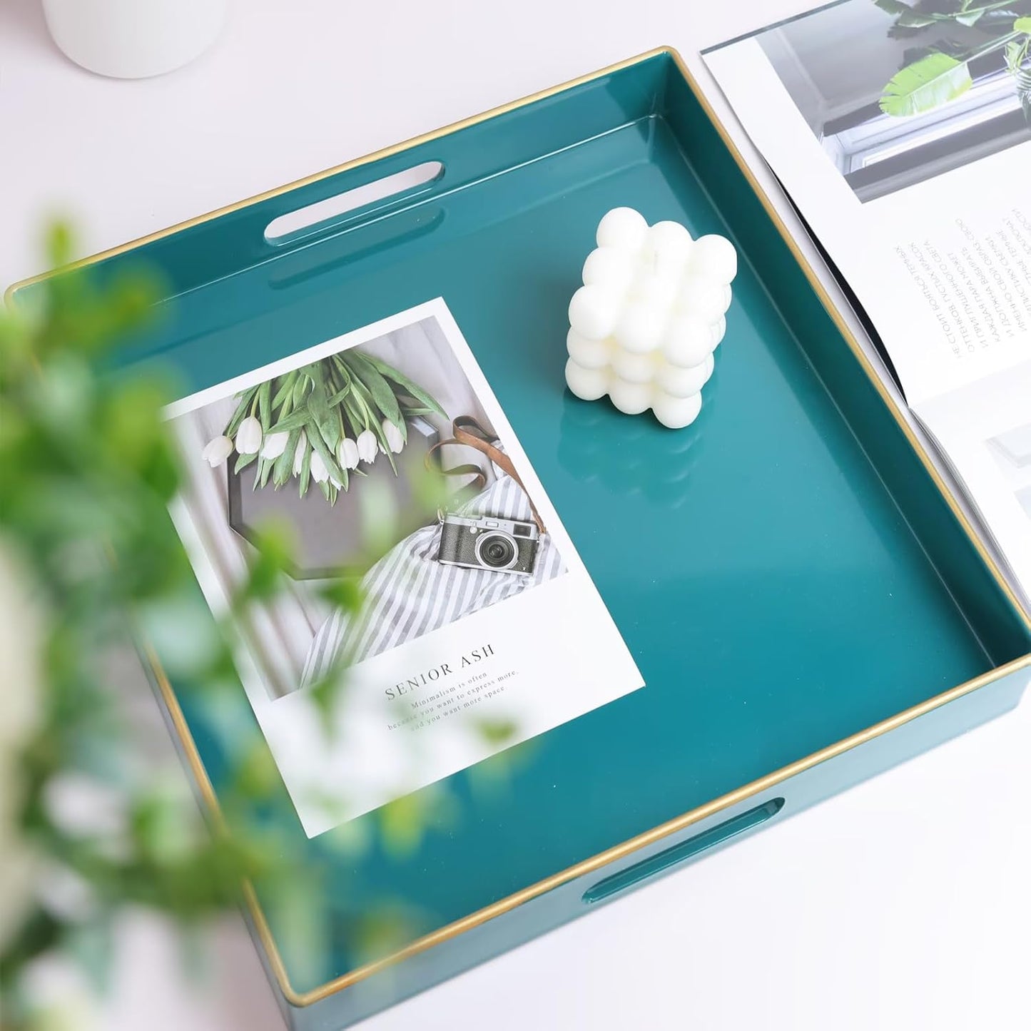 Spsyrine Green Decorative Serving Tray with Handles, 13" X 13" Square Plastic Coffee Table Tray for Ottoman, Living Room, Bathroom, Home Decor.