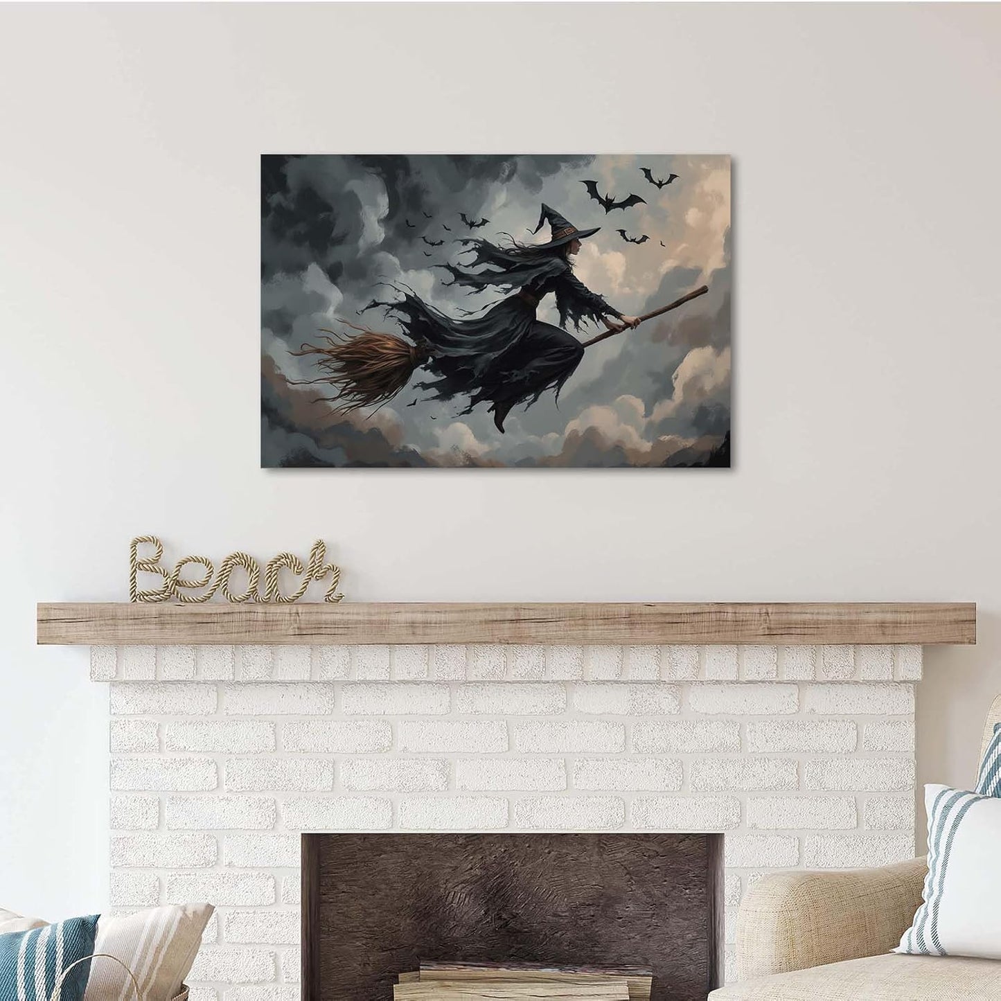 Witch and bat flying Halloween poster suitable for home party wall decoration retro Halloween preppy style wall art canvas print suitable for room decoration8x12in Wood Framed