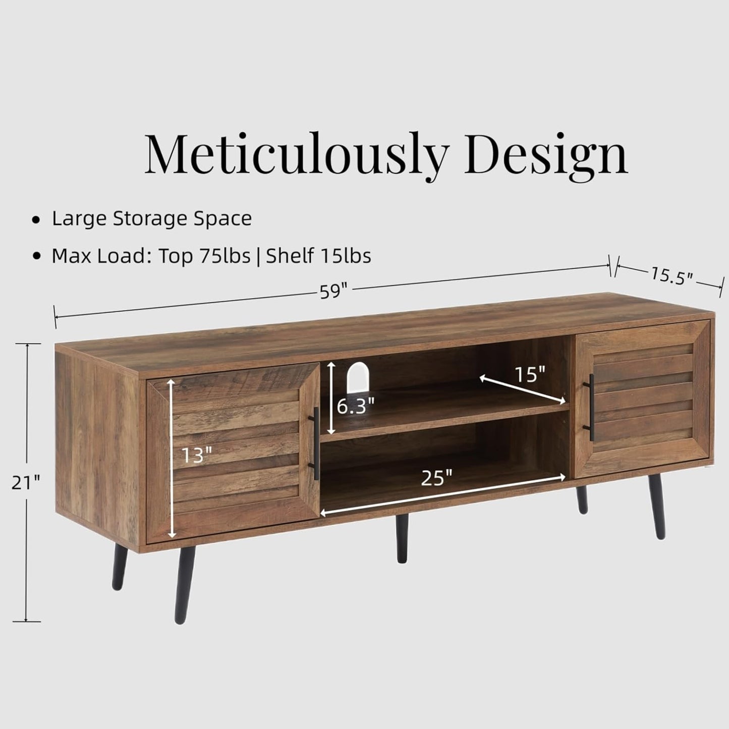 Mid Century Wooden TV Stand Entertainment Console with Open Shelving and 2 Cabinets for Televisions up to 65 Inches(Rustic Oak)