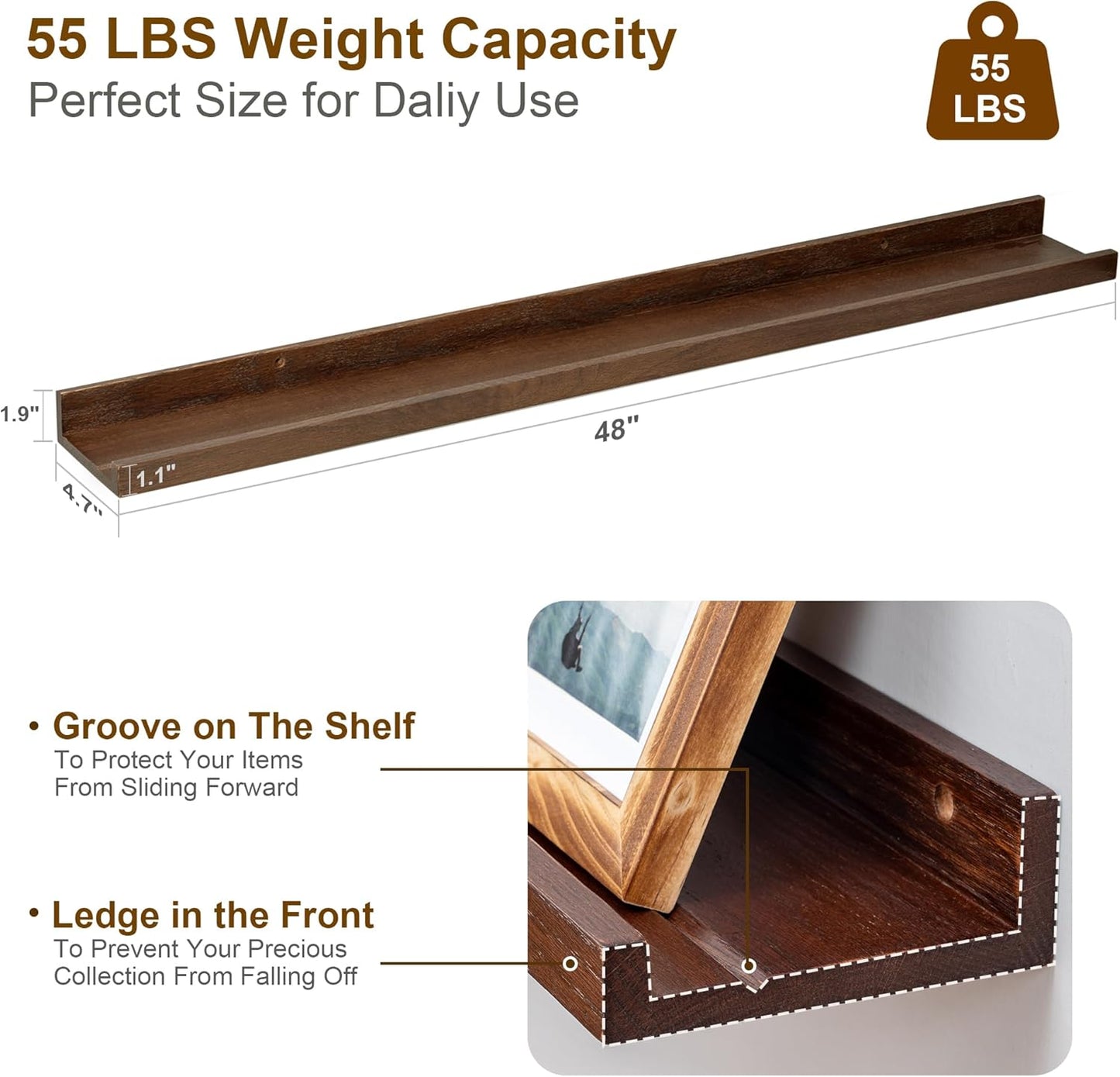 Floating Picture Ledge Shelves 48 Inch Solid Oak Wood Set of 2, Rustic Wall Storage Shelves with Lip, Kids Bookshelf, Photo & Picture Ledge Shelves for Bedroom, Living Room, Kitchen