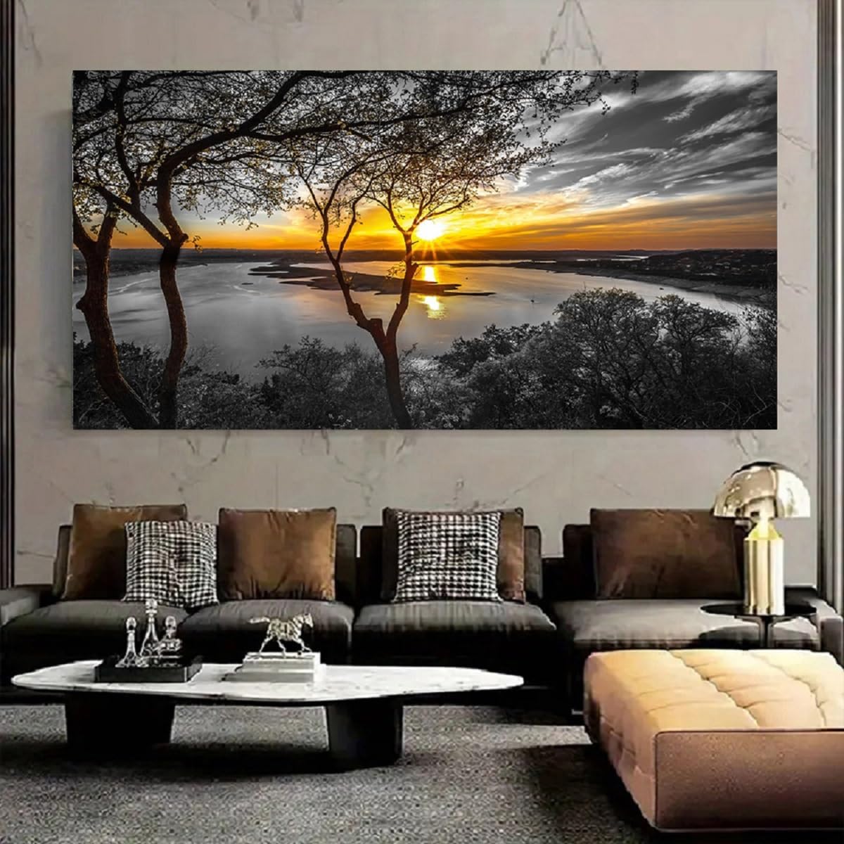 Bamdeya Black and White Canvas Wall Art Bedroom Lake Tree Print Art Forest Gold Sunset Poster Picture Natural Scenery Artwork Landscape Painting Living Room Wall Decor Modern Home Decor Framed